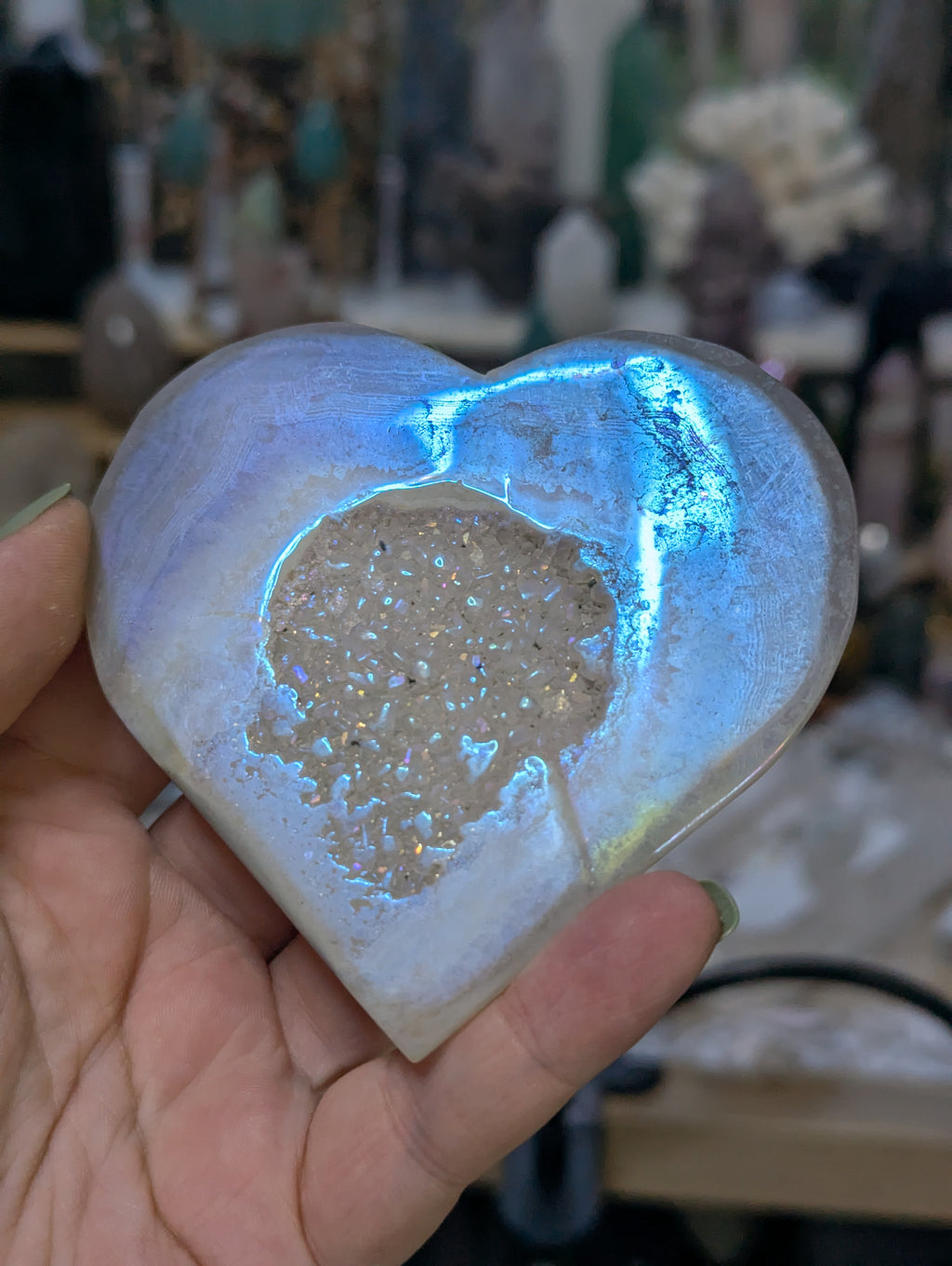 Aura agate crystal heart carving with Stand