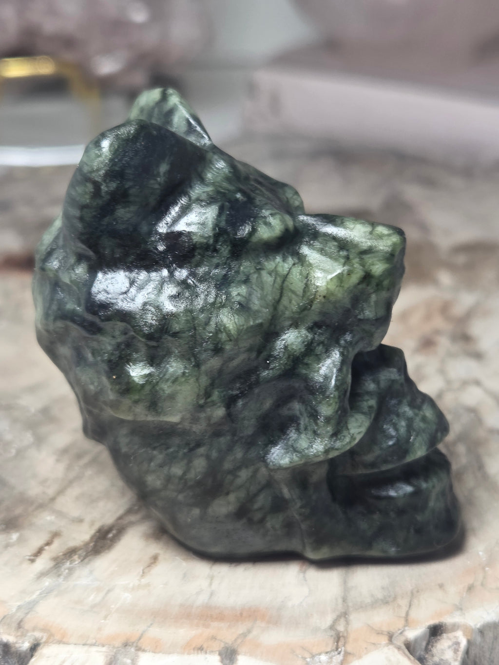 Green jade crystal wolf head skull