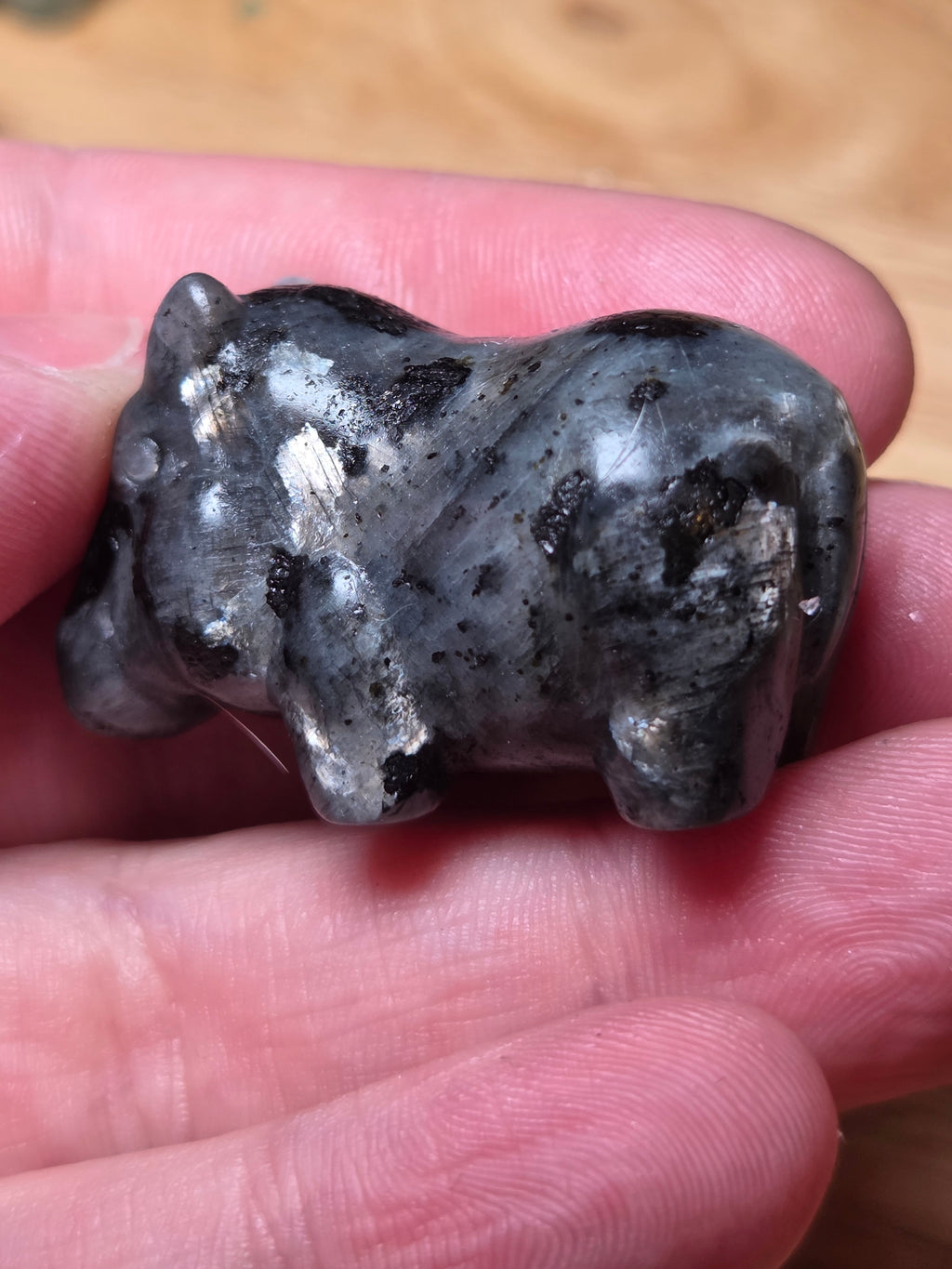 Larvakite small Hippo crystal carving