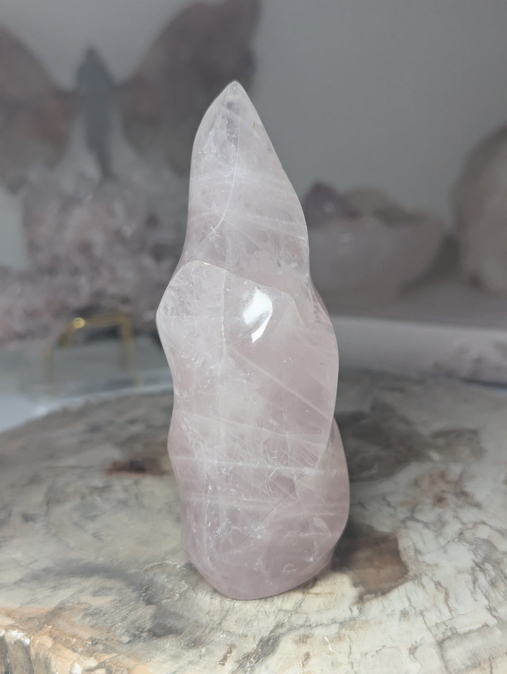 Rose quartz crystal flame carving