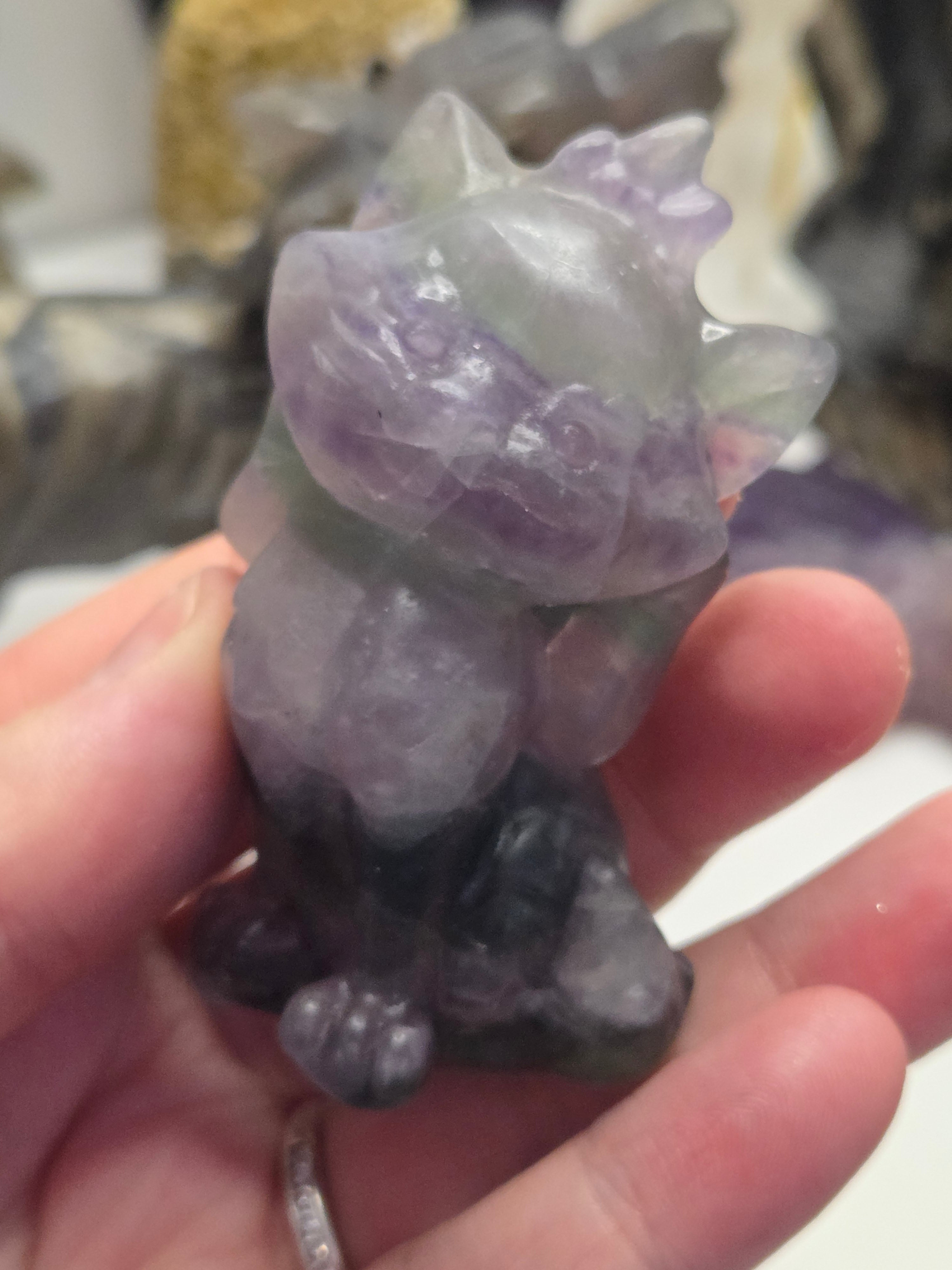 Rainbow flourite crystal Marie Cat carving