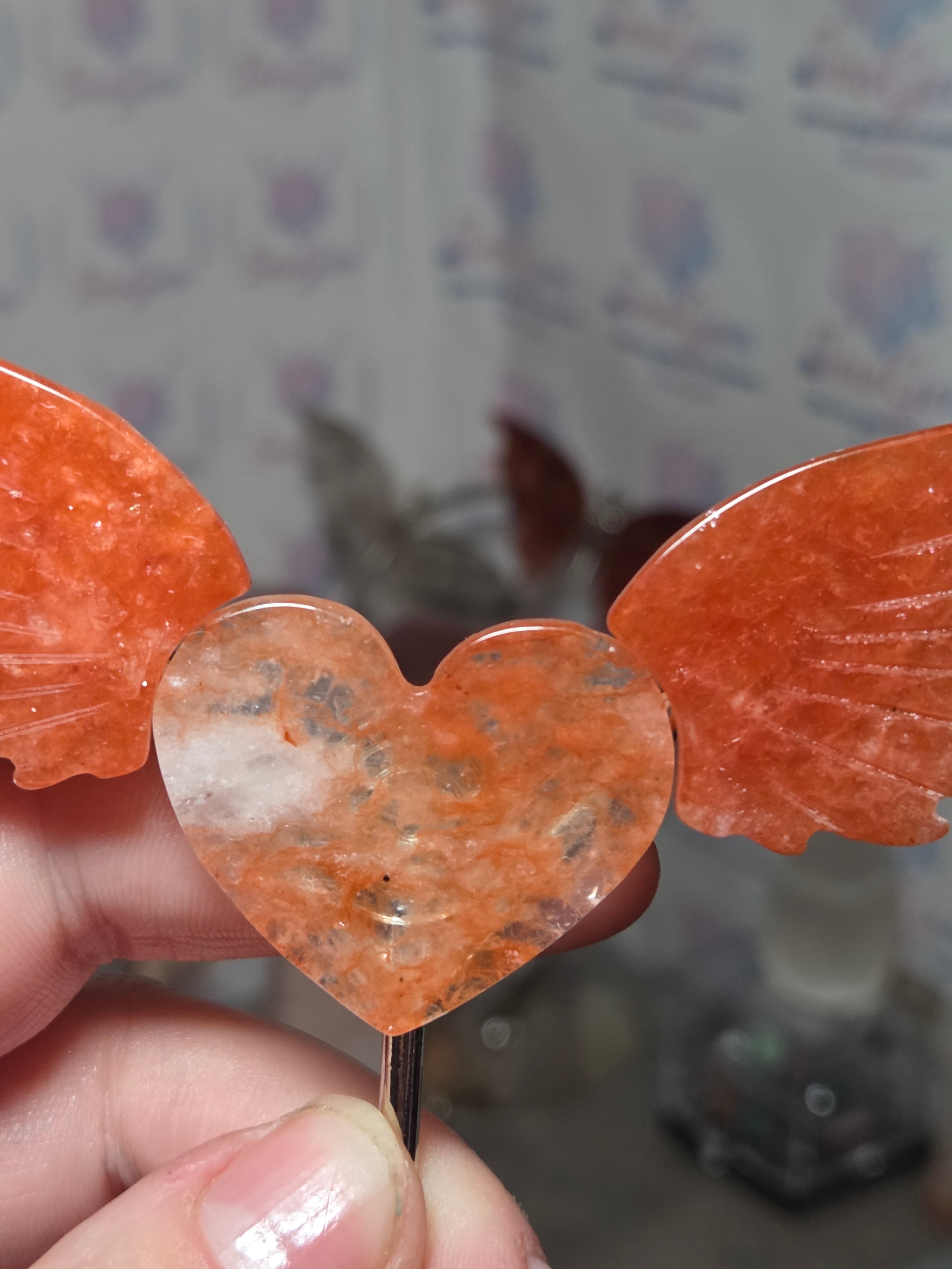 Red fire quartz crystal heart with wings