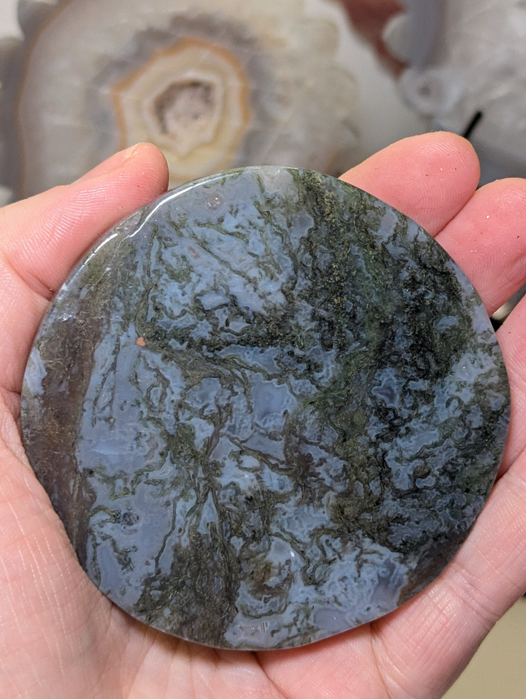 Blue moss agate crystal slice