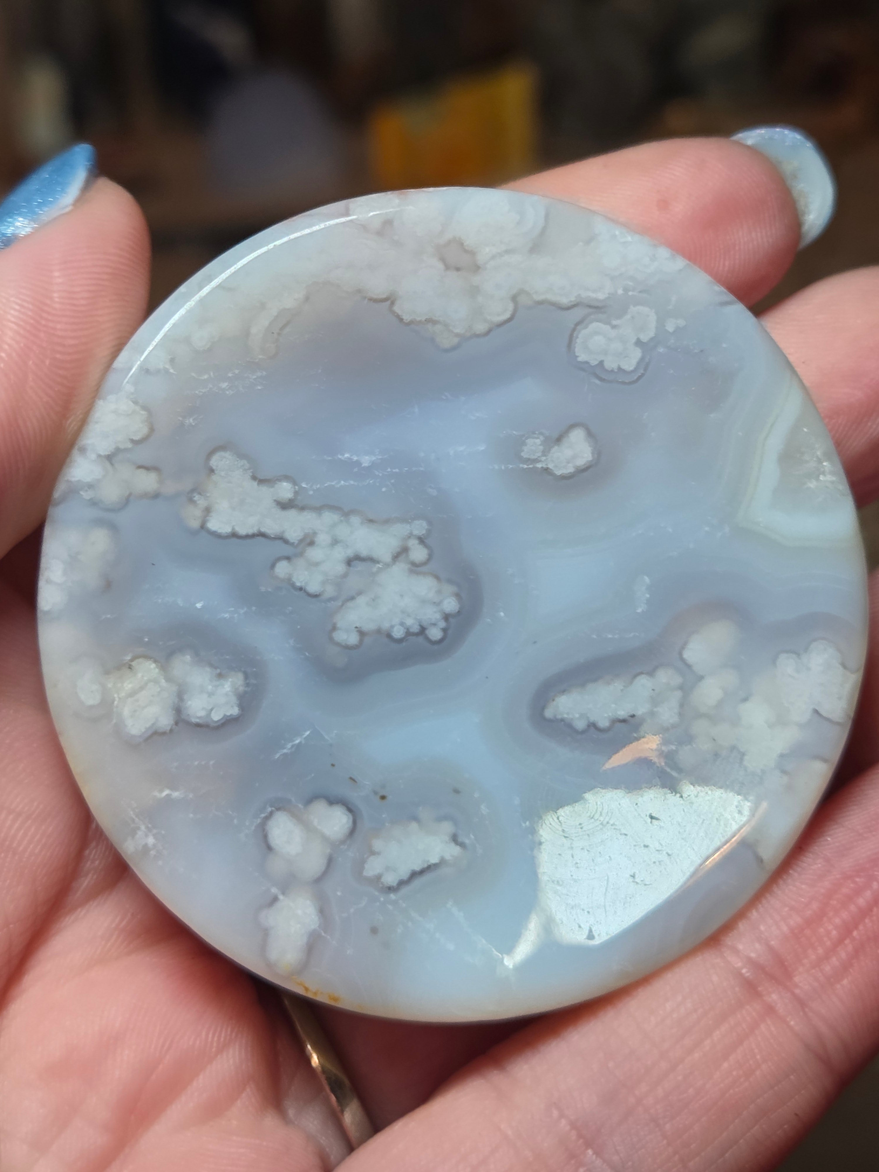 Natural blue flower agate crystal trinket bowl