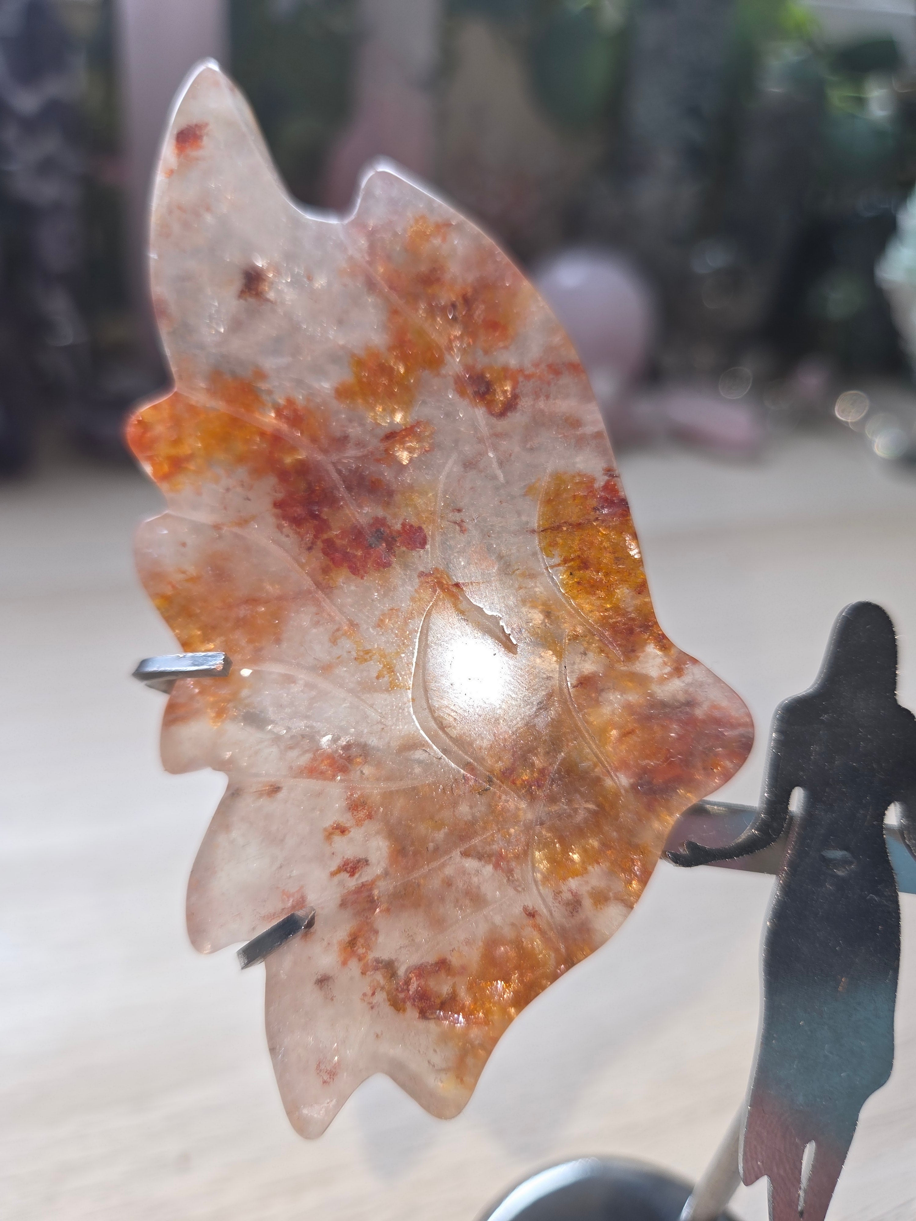 Fire quartz crystal Angel wings carving