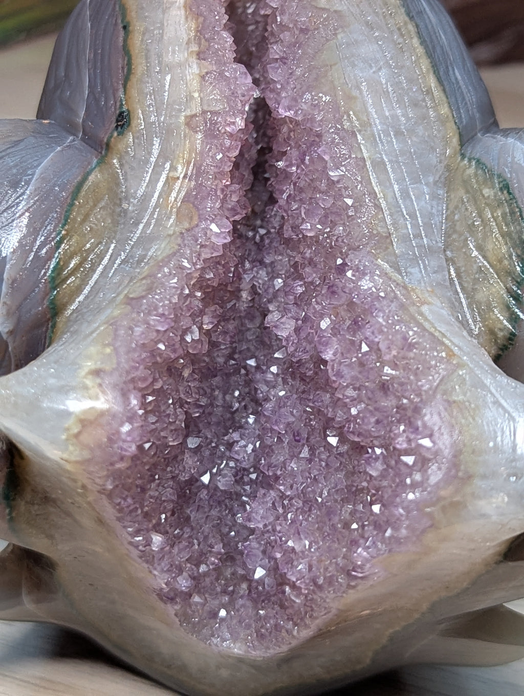 Large Amethyst Agate crystal Wolf carving