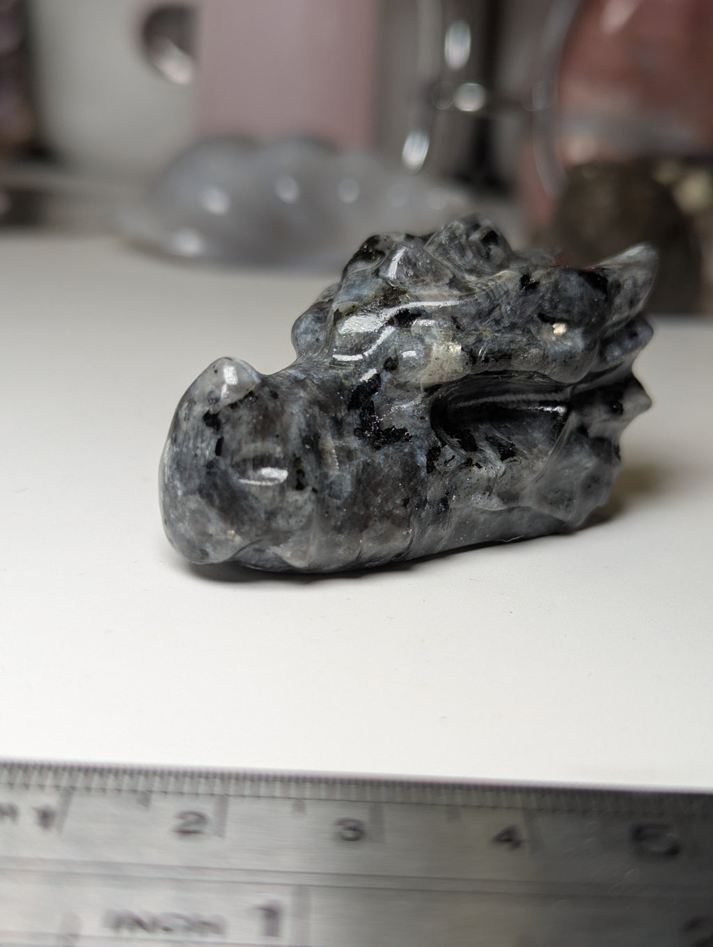 Larvakite crystal dragon head carving