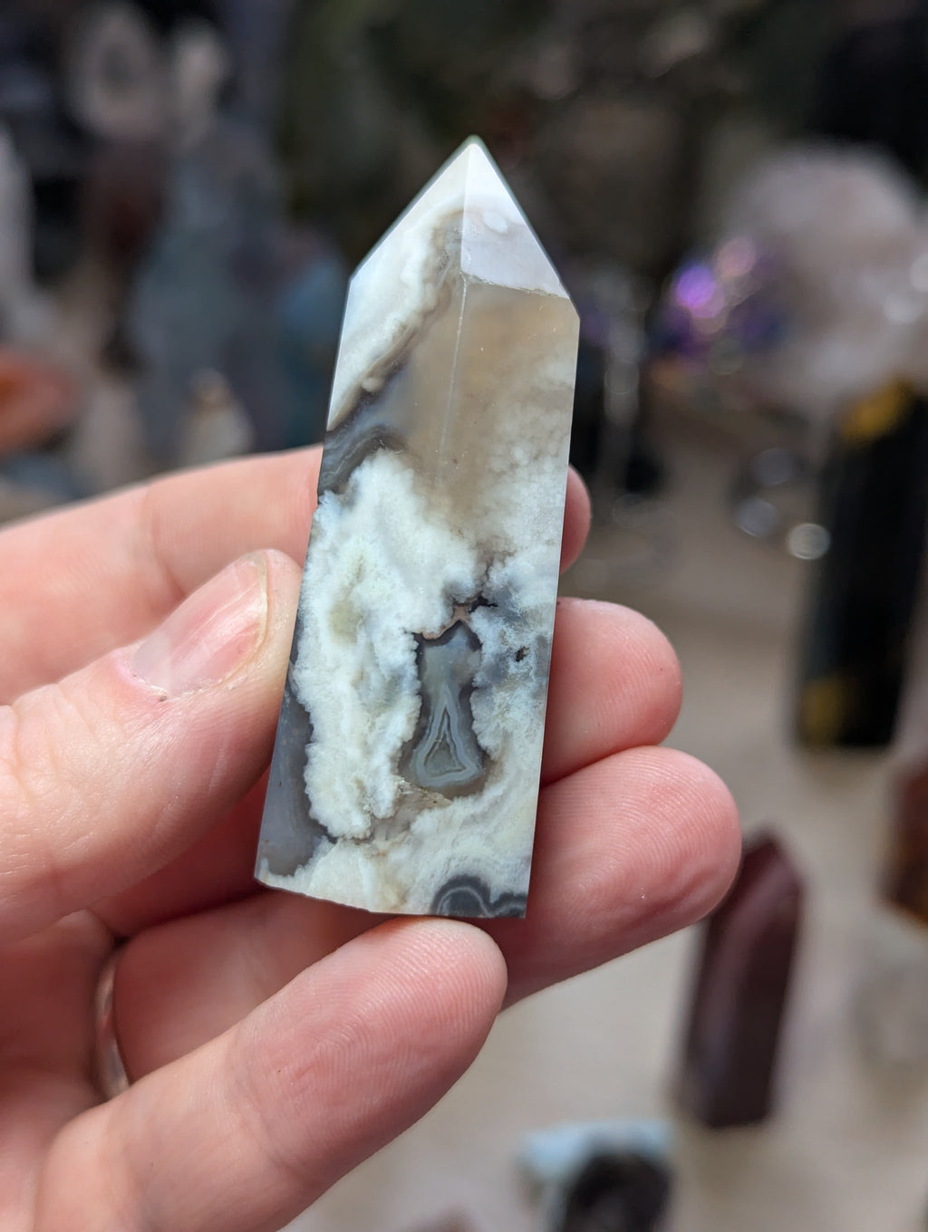 Black flower agate crystal tower
