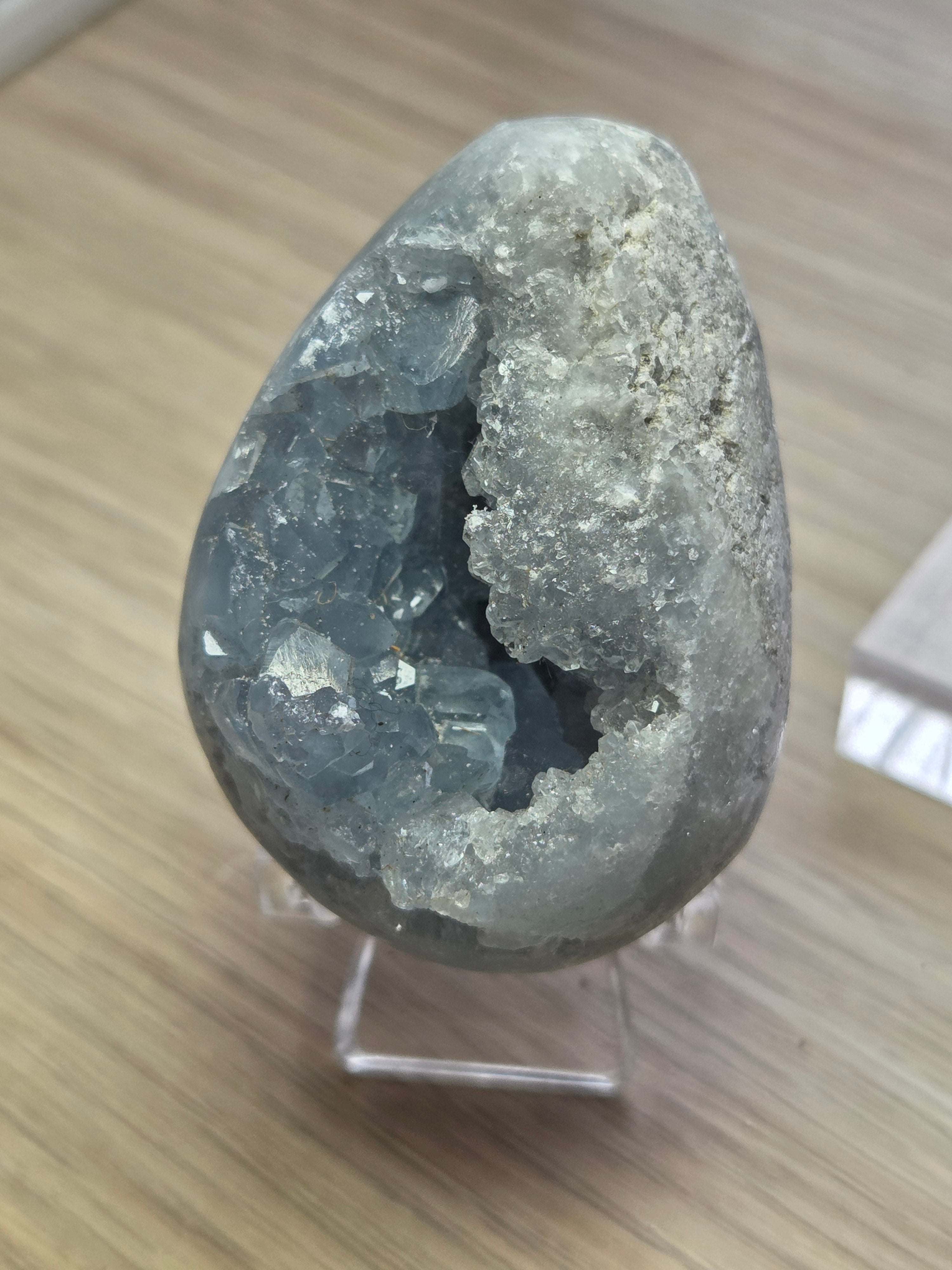 Blue celicite crystal egg carving specimen