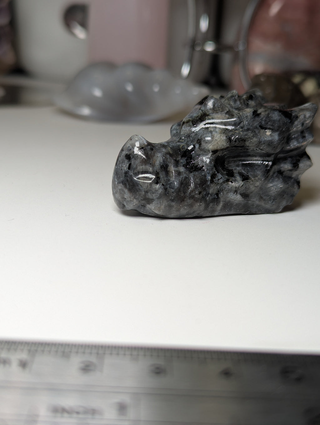 Larvakite crystal dragon head carving