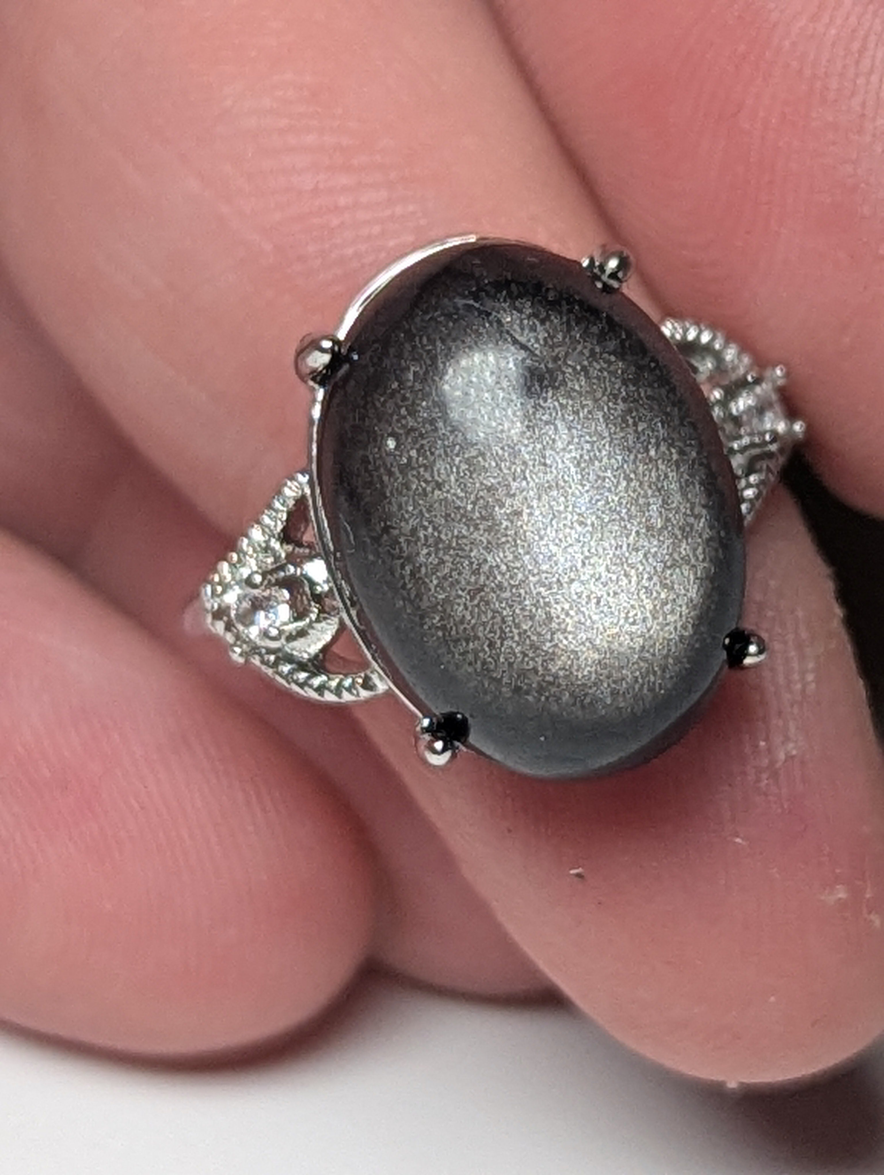 Silver sheen obsidian crystal adjustable ring