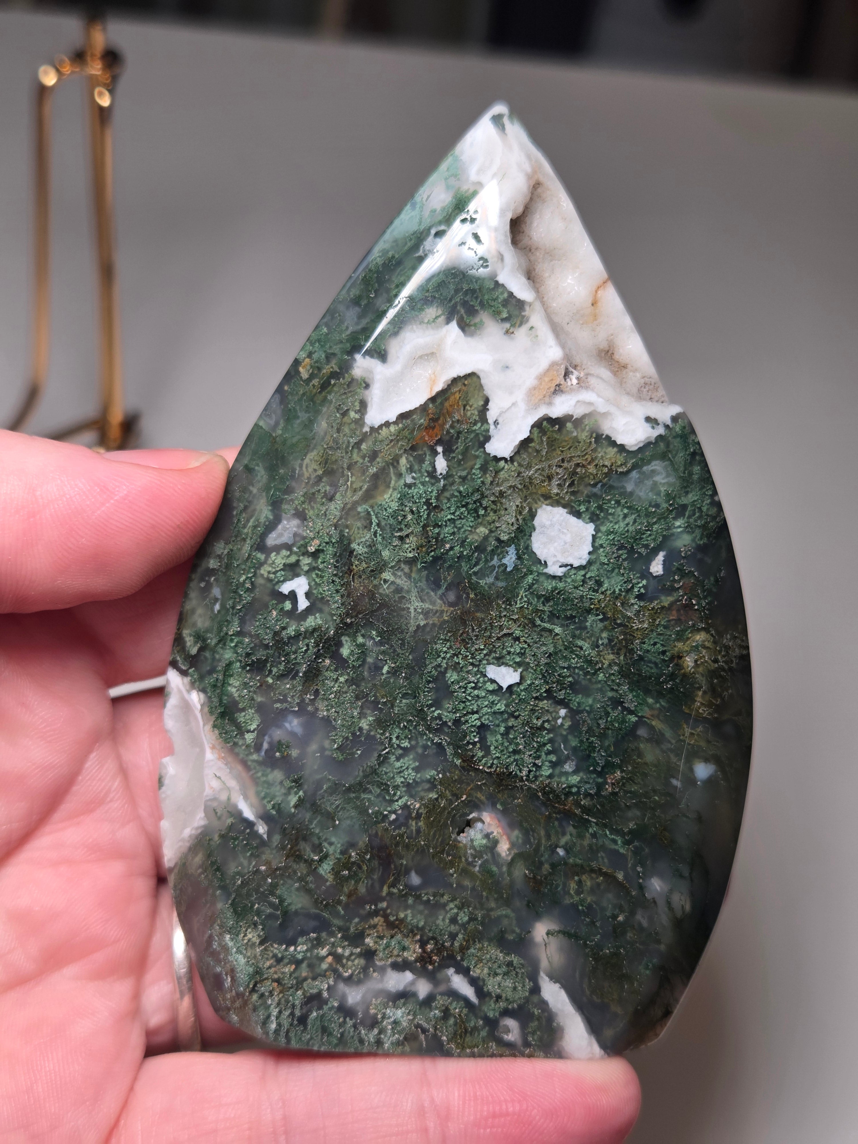 Moss Agate crystal tear drop carving