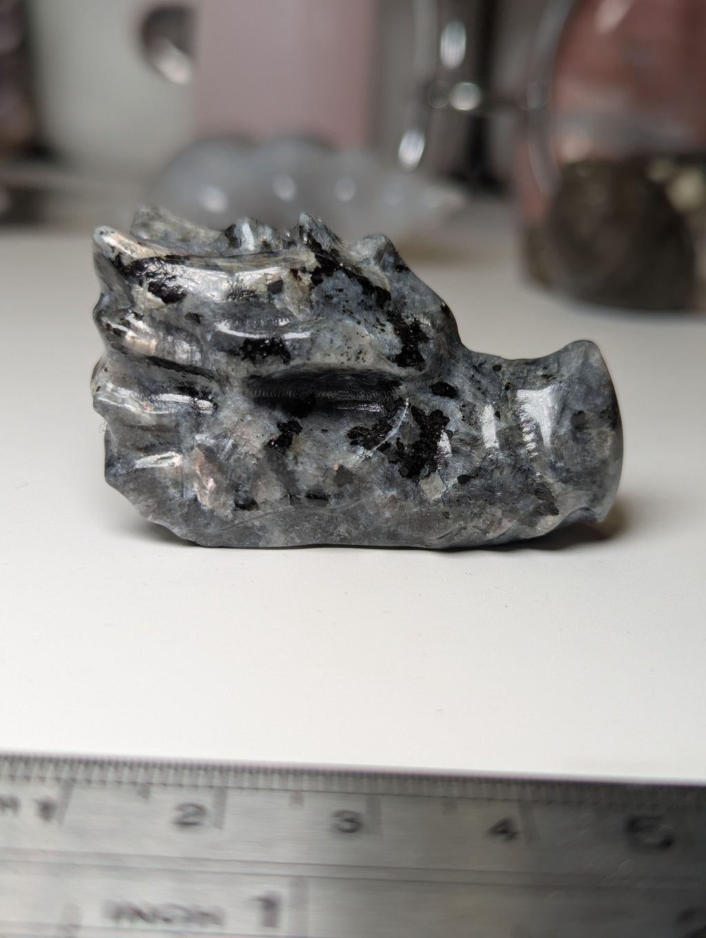 Larvakite crystal dragon head carving