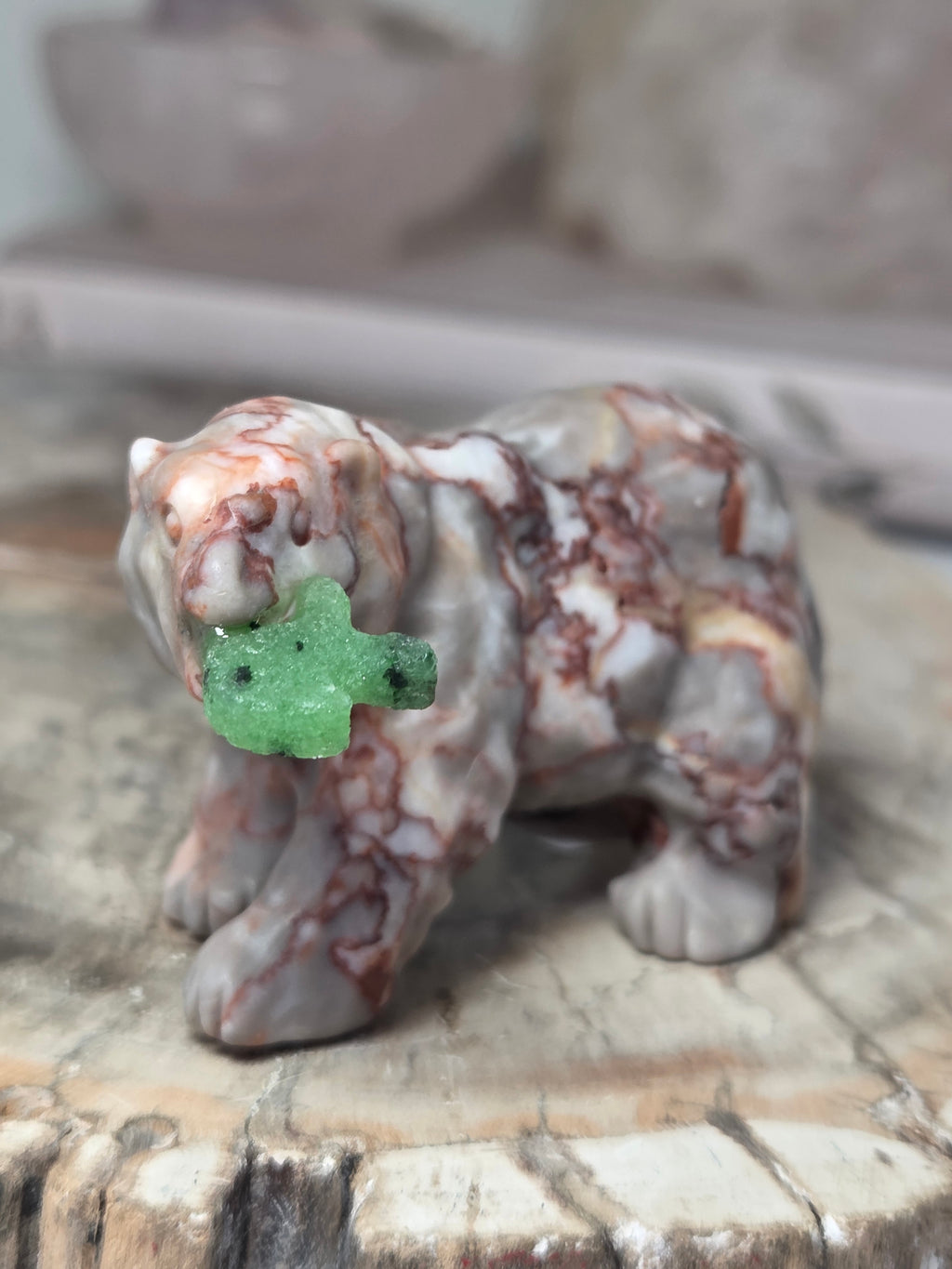 Red Vain Jasper crystal bear carving with fish