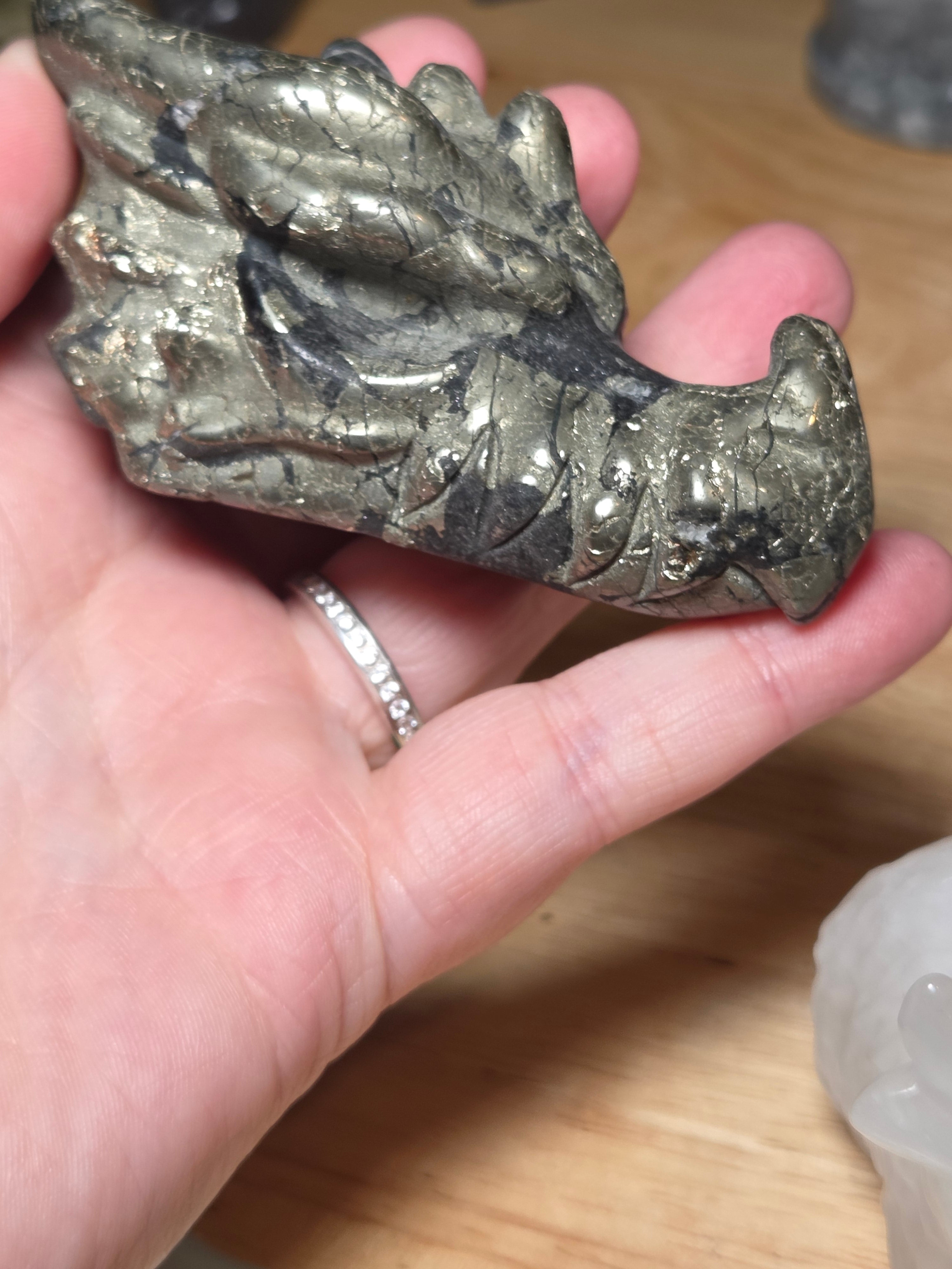 Medium pyrite crystal dragon head carving