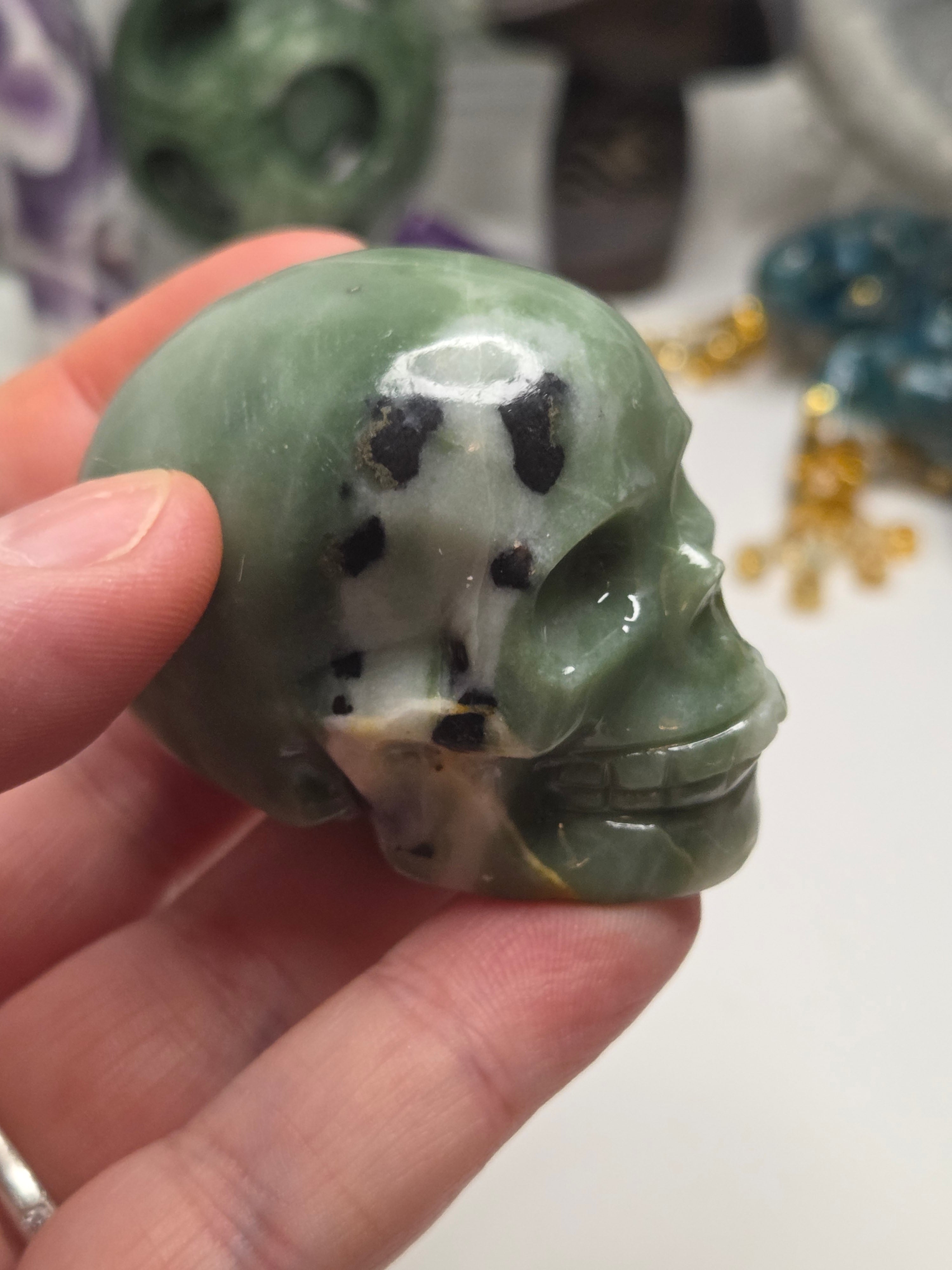 Green jade  crystal  skull carving