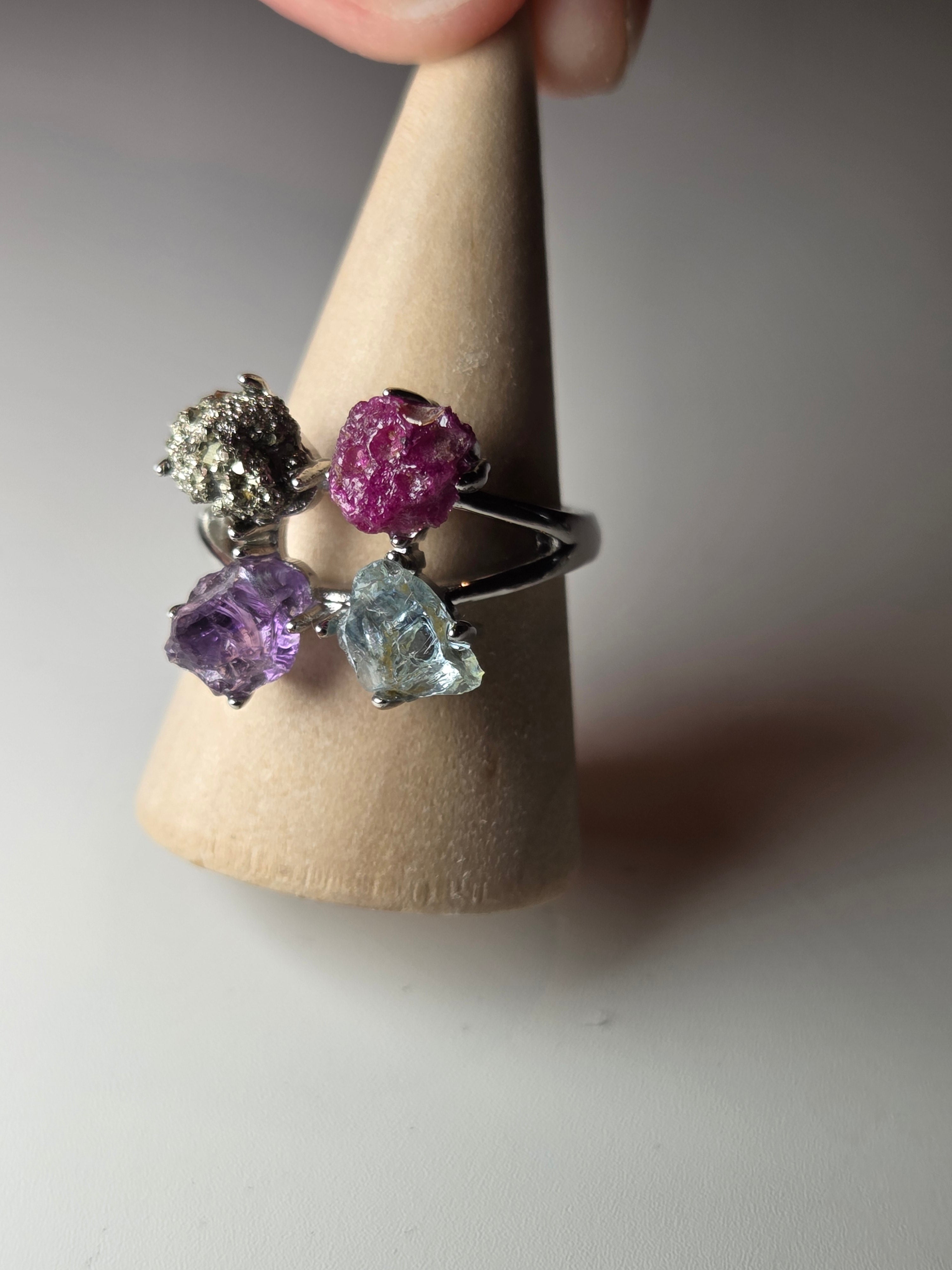 Crystal Specimen adjustable ring pyrite amethyst ruby aquamarine