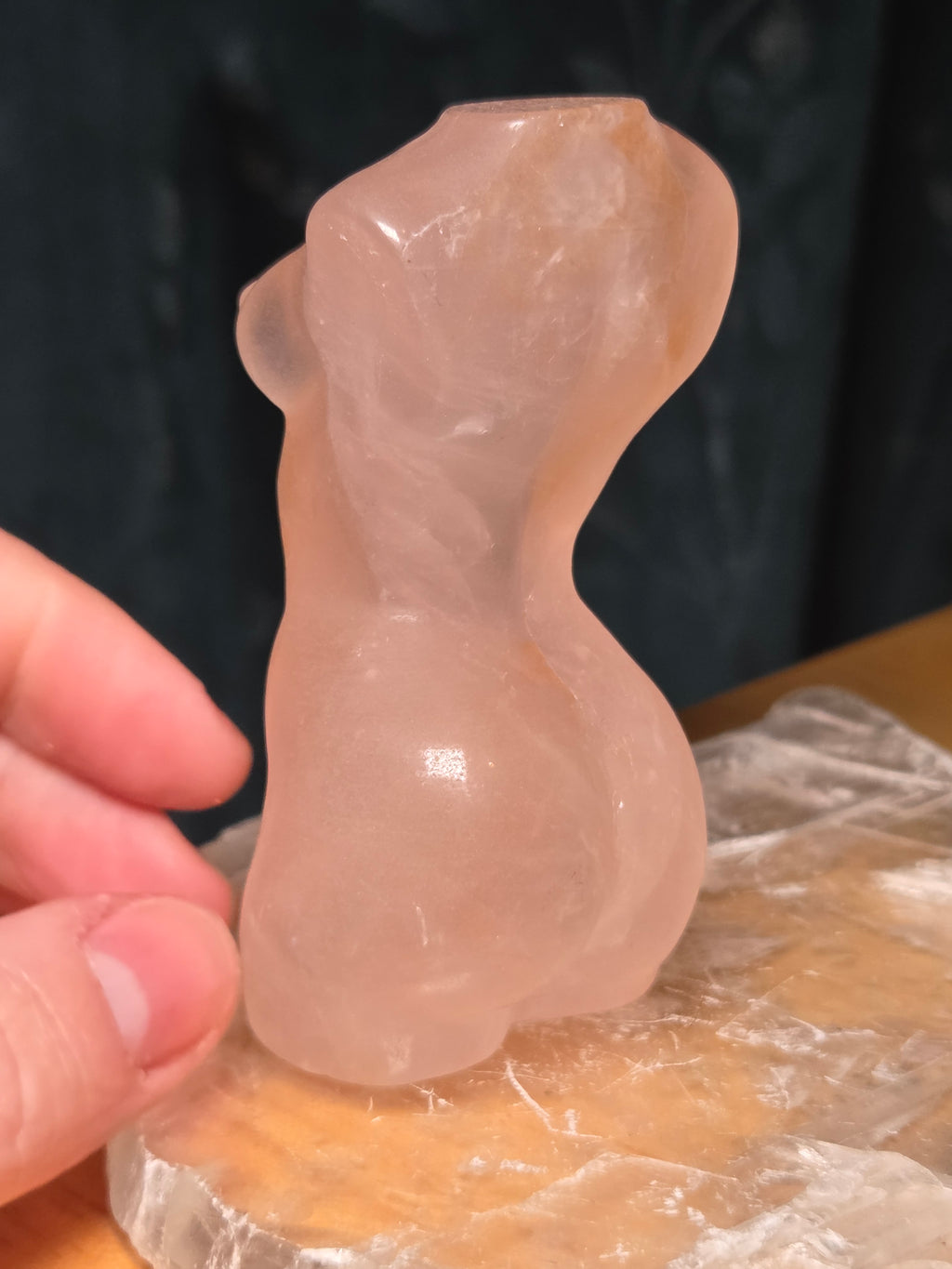 Rose quartz crystal female body carving with golden healer