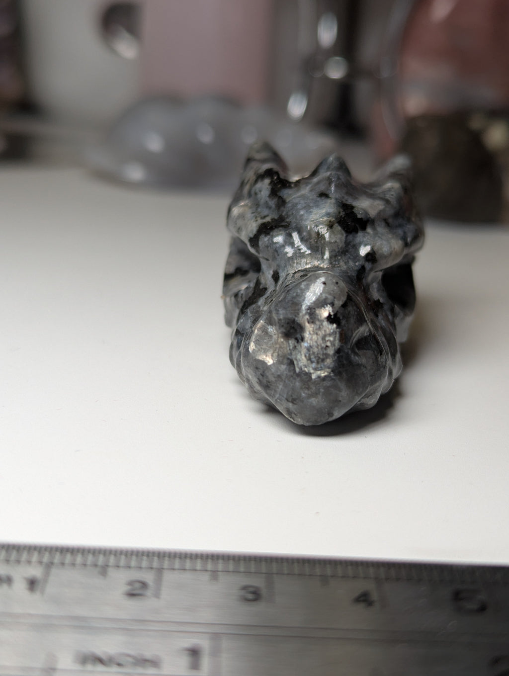 Larvakite crystal dragon head carving