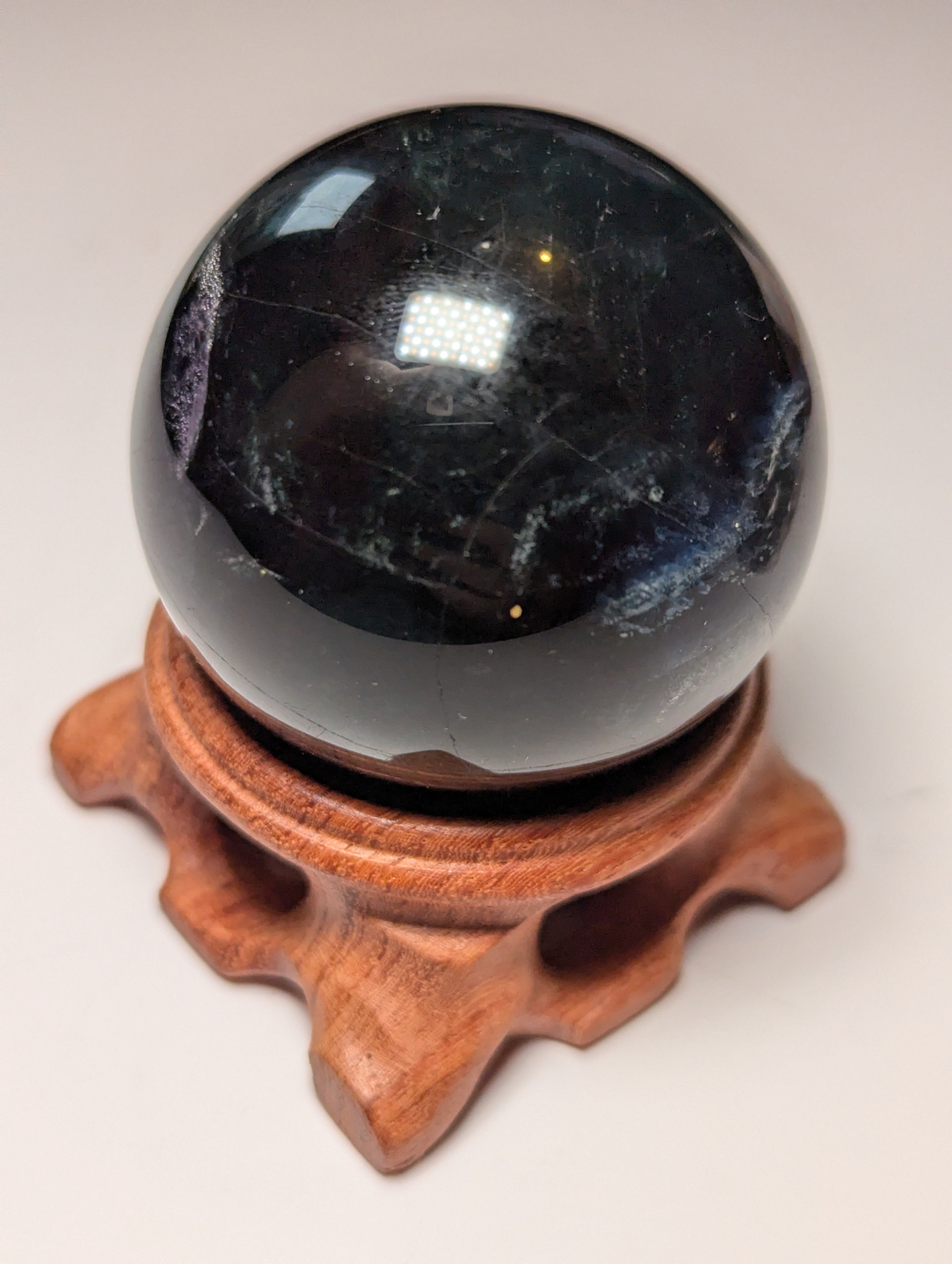 Black rose flourite crystal sphere with stand UV reactive