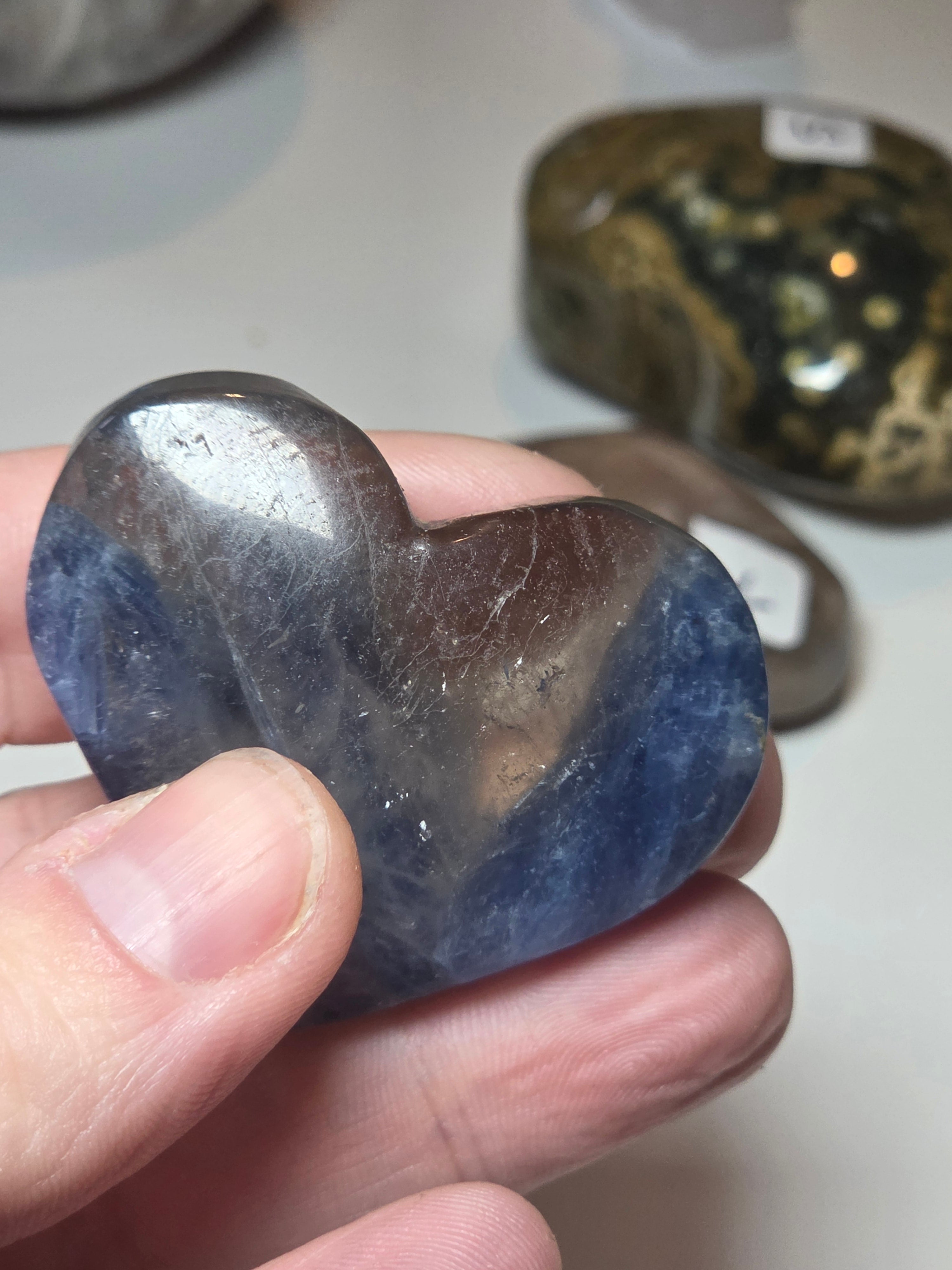 Blue kyanite crystal heart with smokey quartz