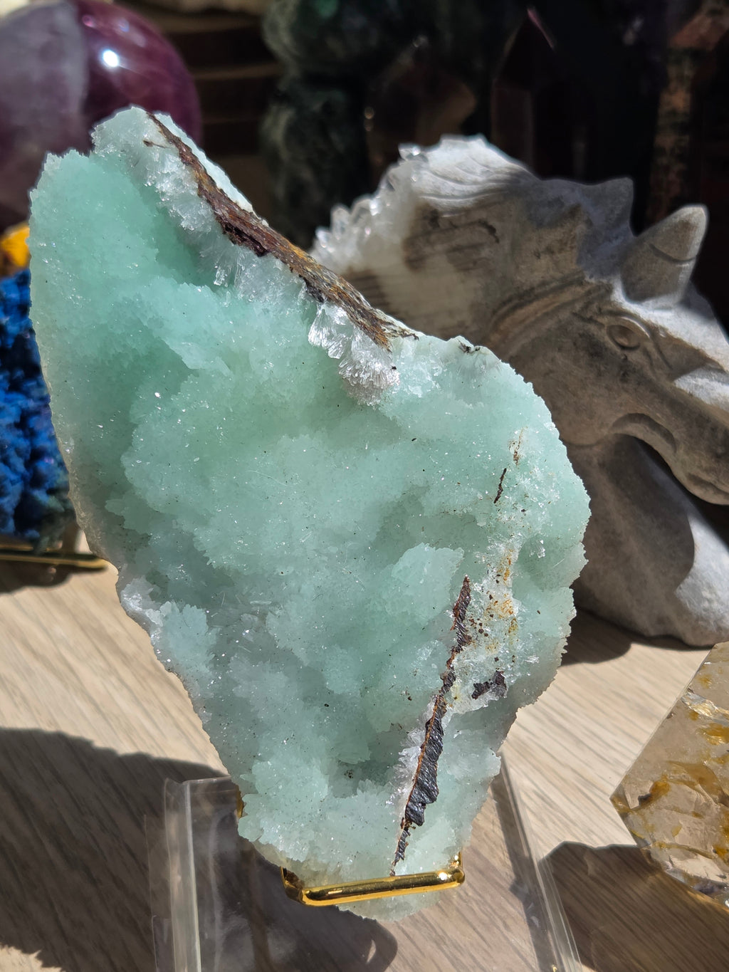 Blue aragonite mineral specimen raw with stand