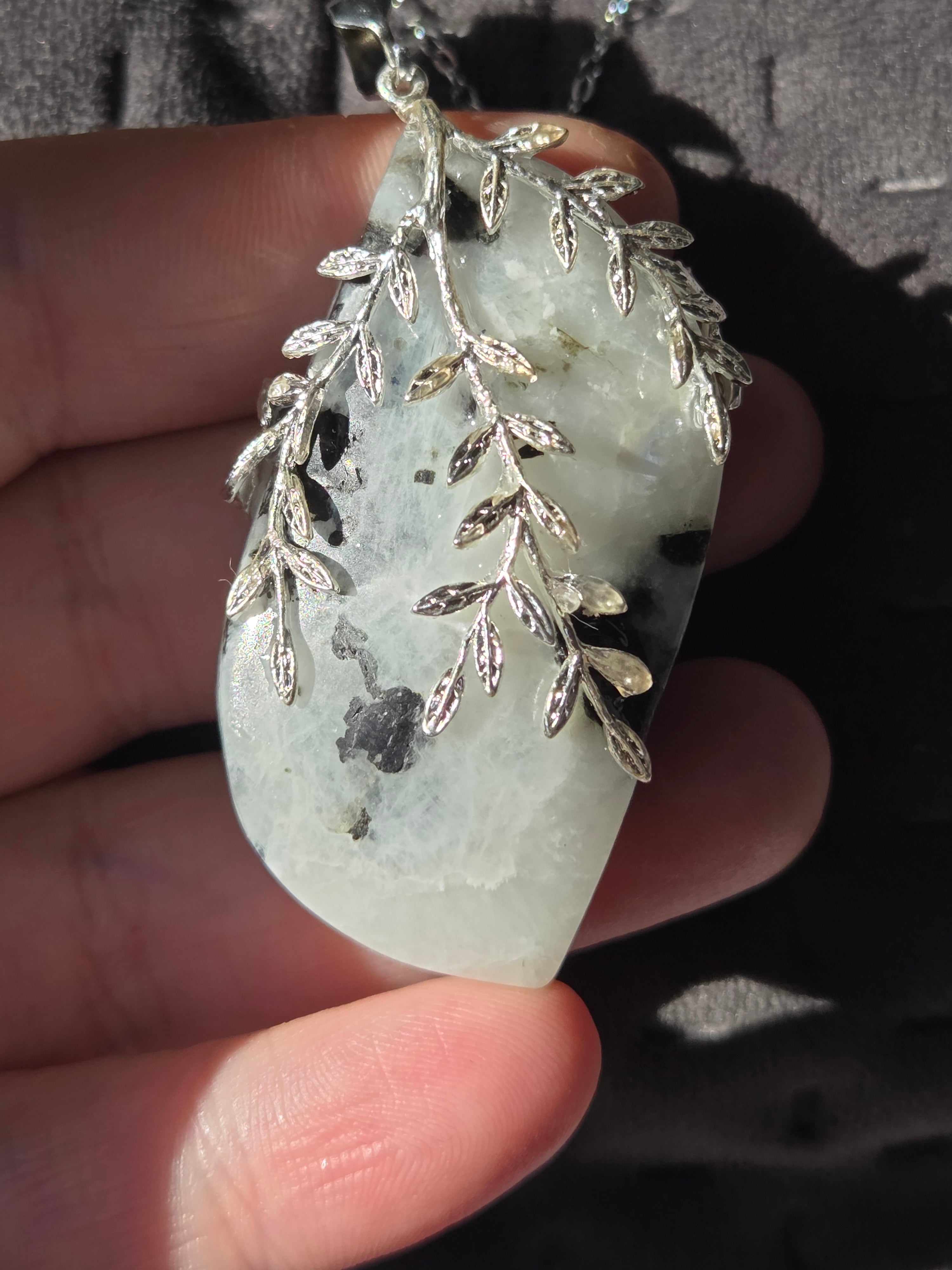 Large pendant rainbow moonstone crystal necklace