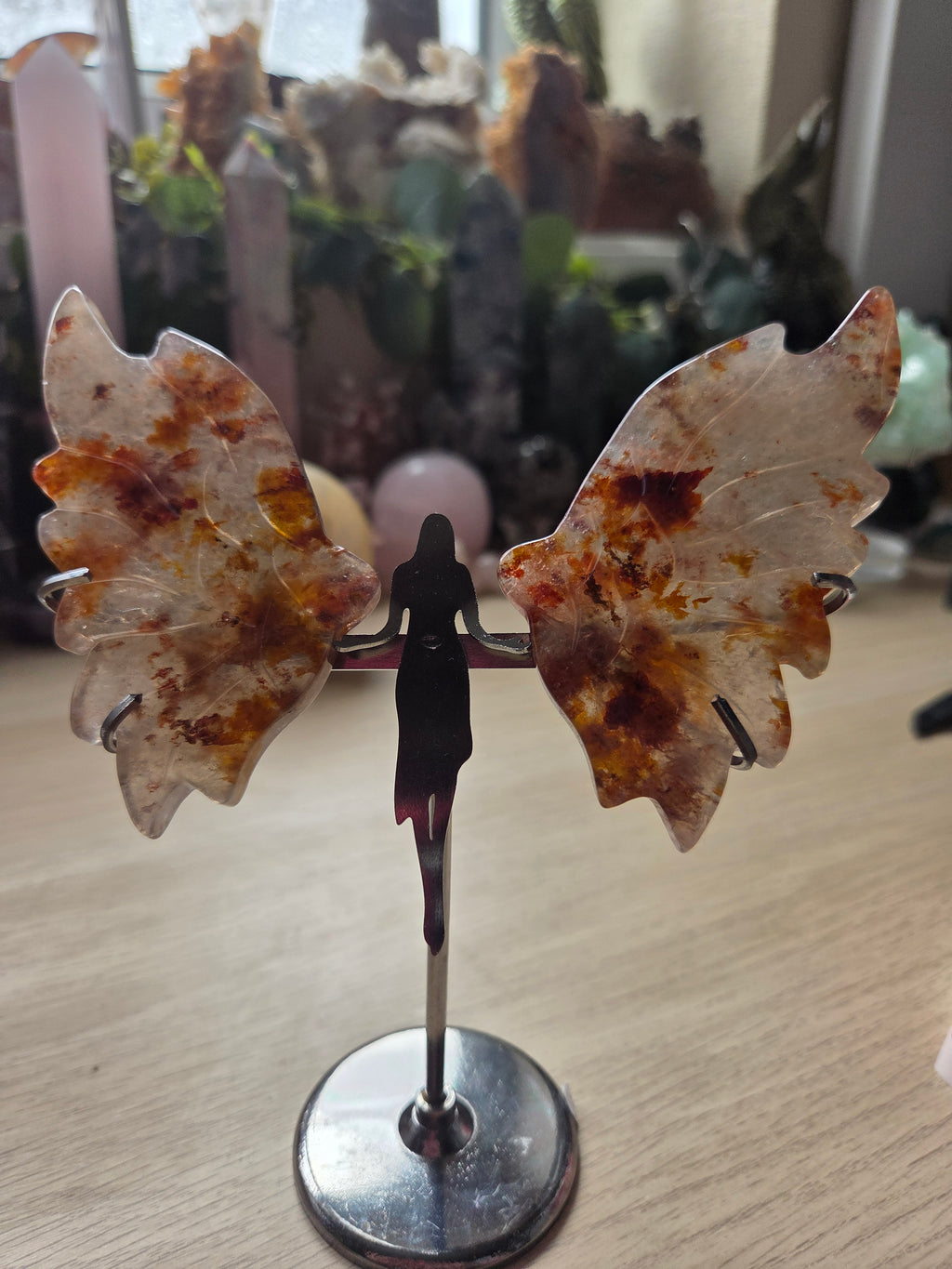 Fire quartz crystal Angel wings carving