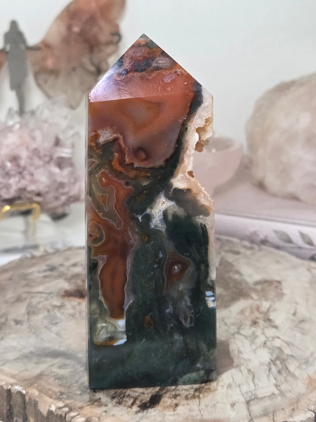 Red moss Agate crystal tower