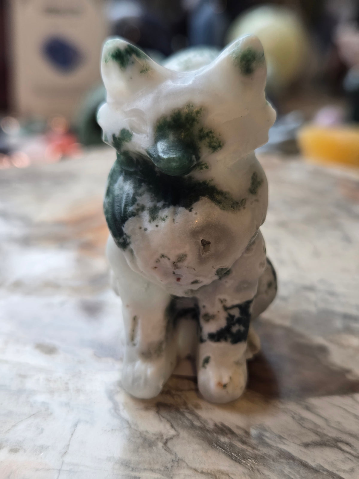Moss agate crystal fox carving