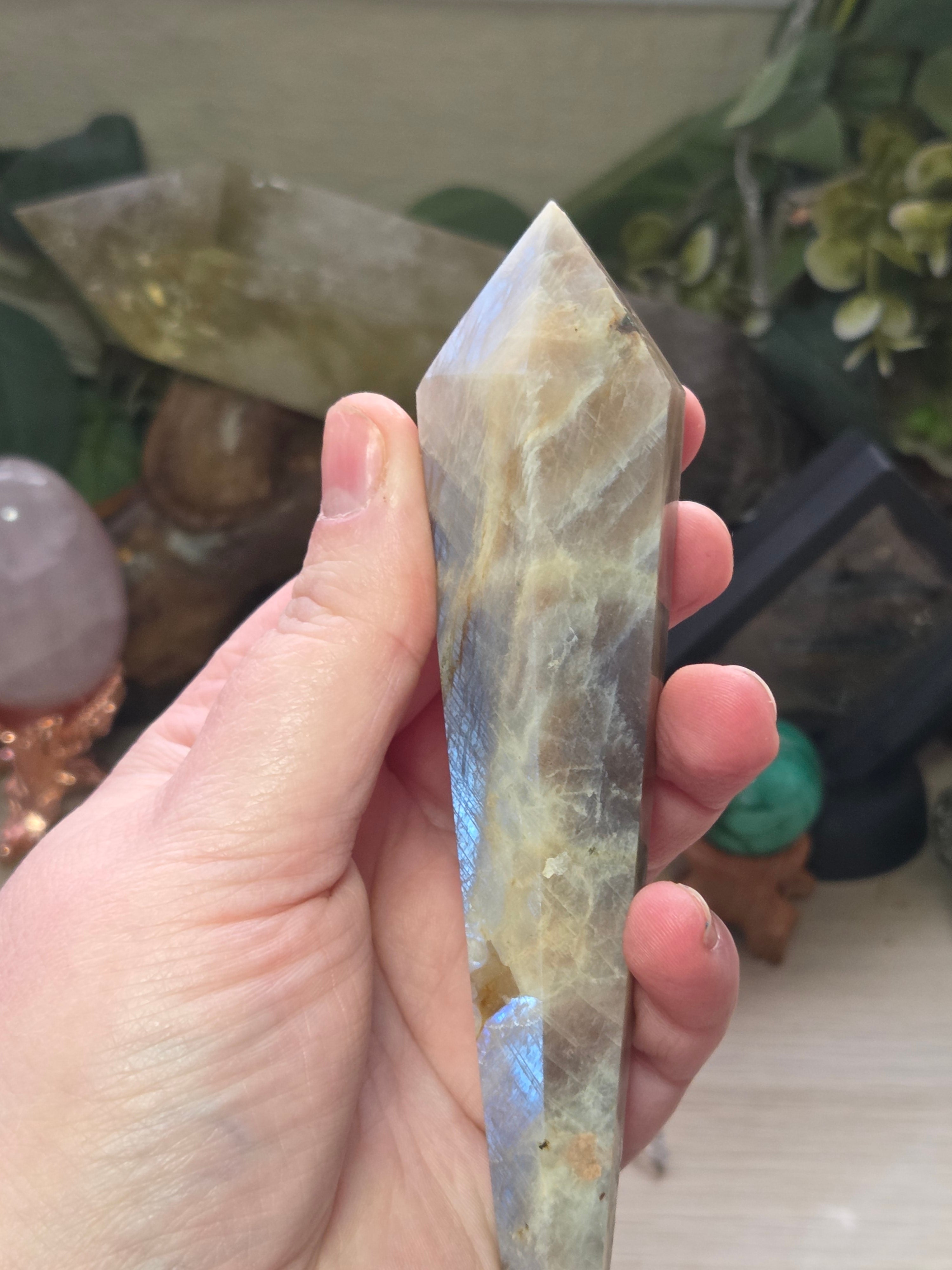 Rainbow moonstone and sunstone crystal wand carving with stand