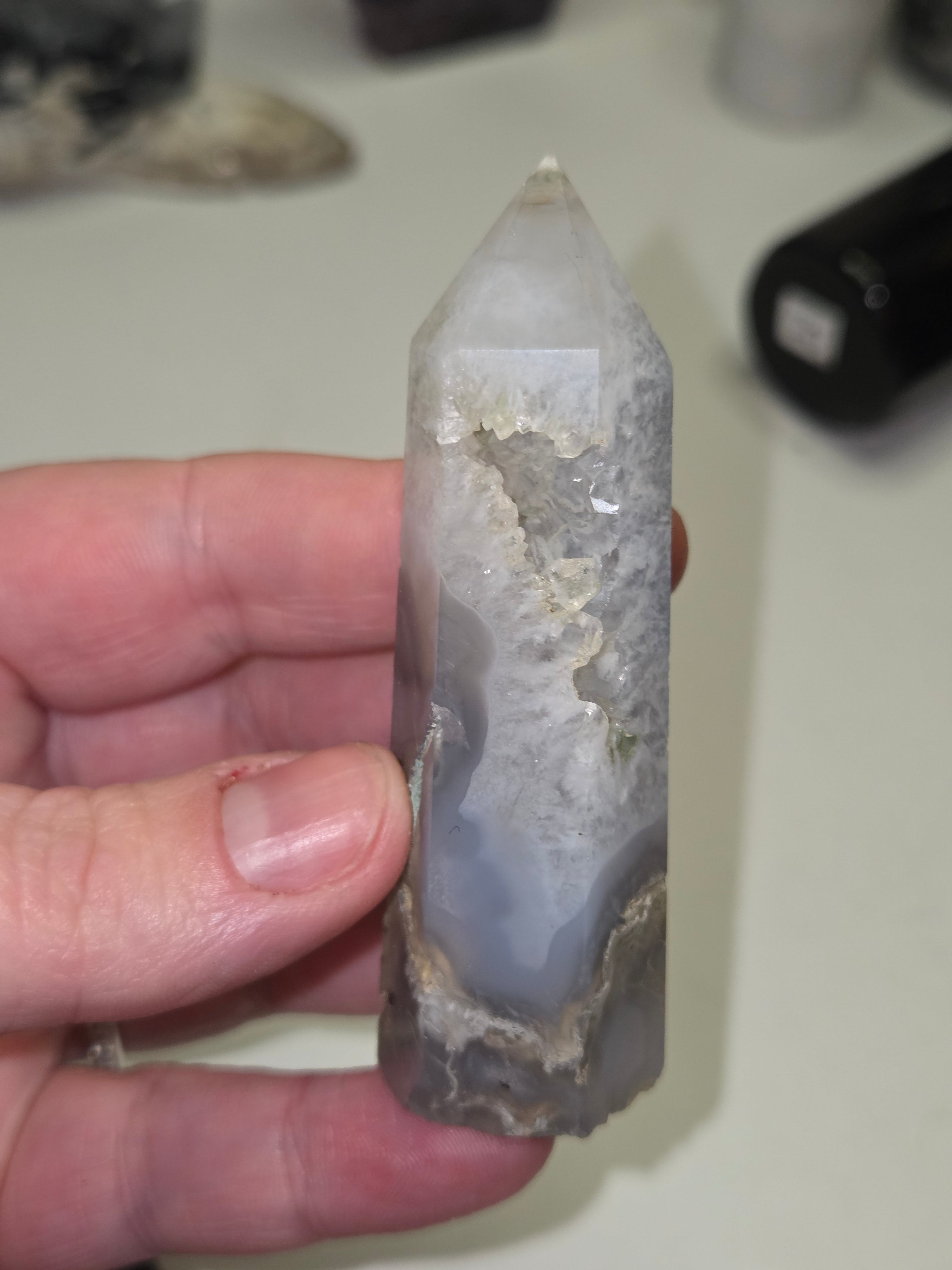 Moss agate crystal tower carving