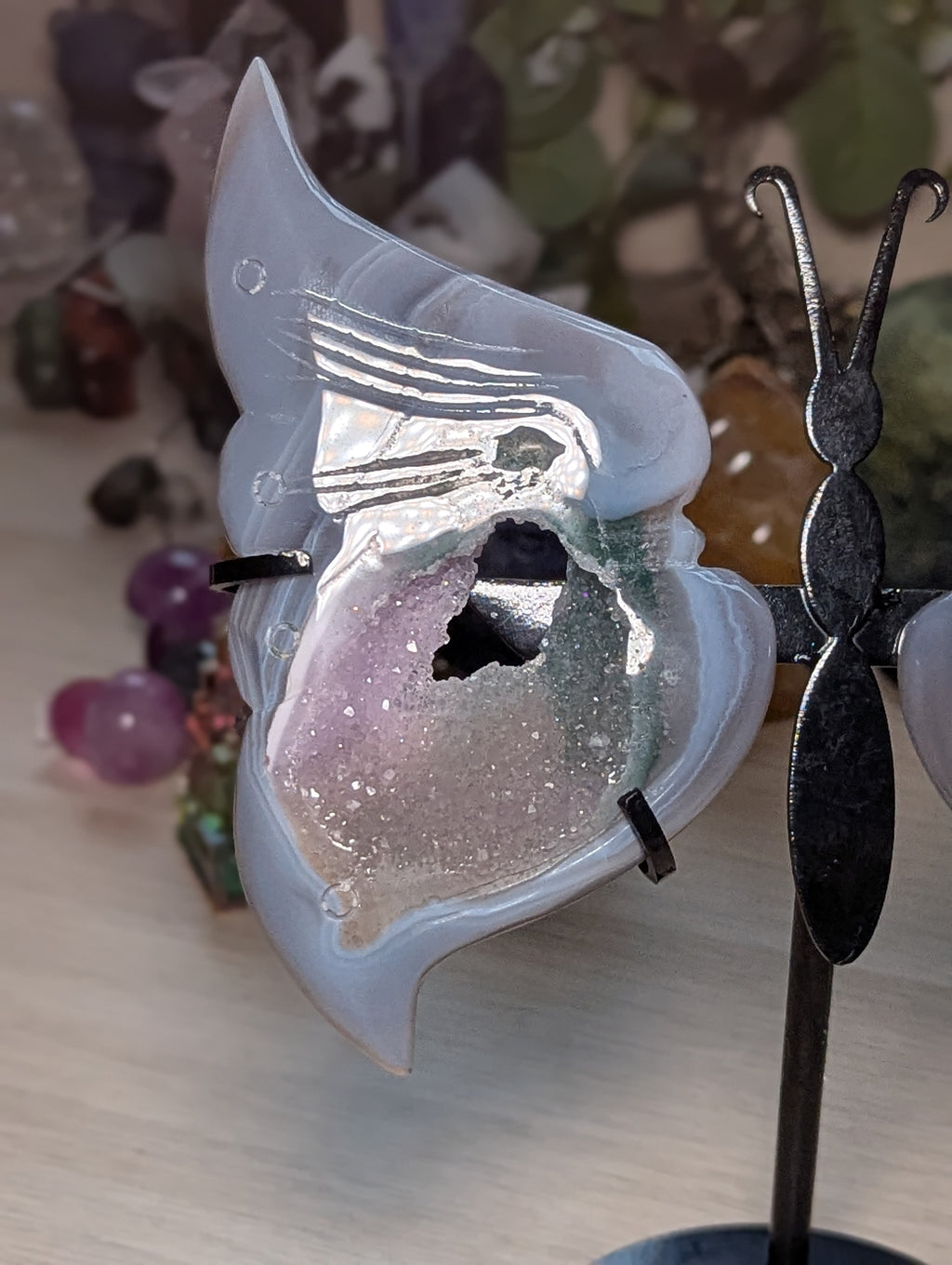 Large Amethyst crystal butterfly on stand