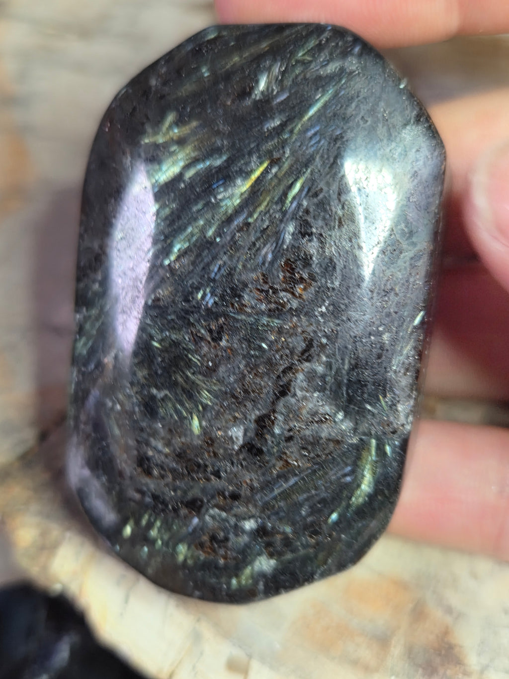 Astrophyllite crystal palm stone