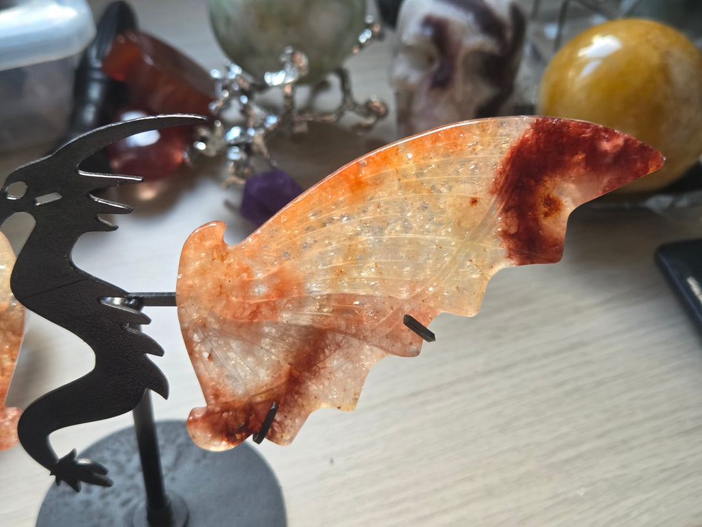 Amazing Fire Quartz crystal dragon wing carving