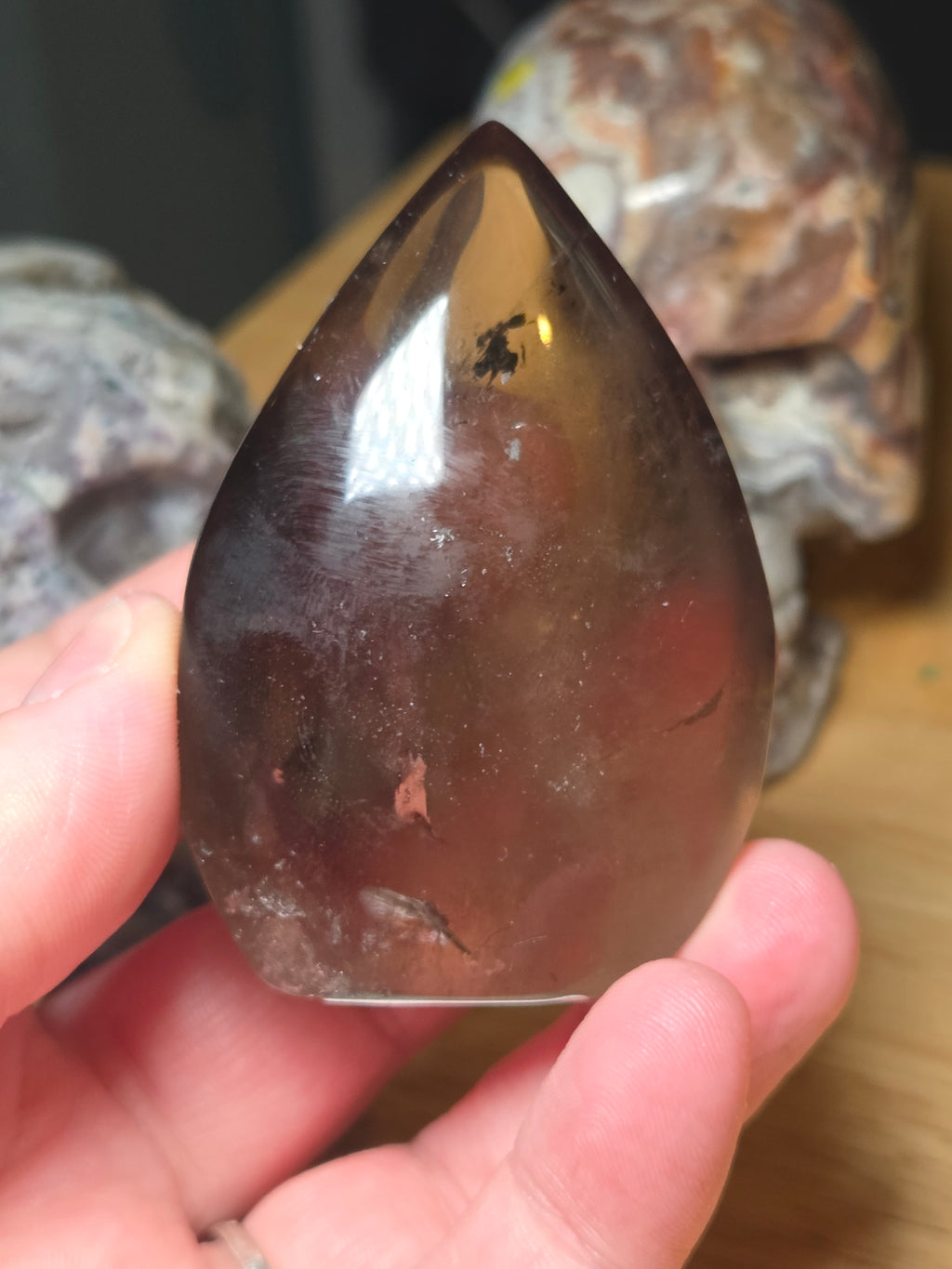 Smokey quartz crystal tear drop carving