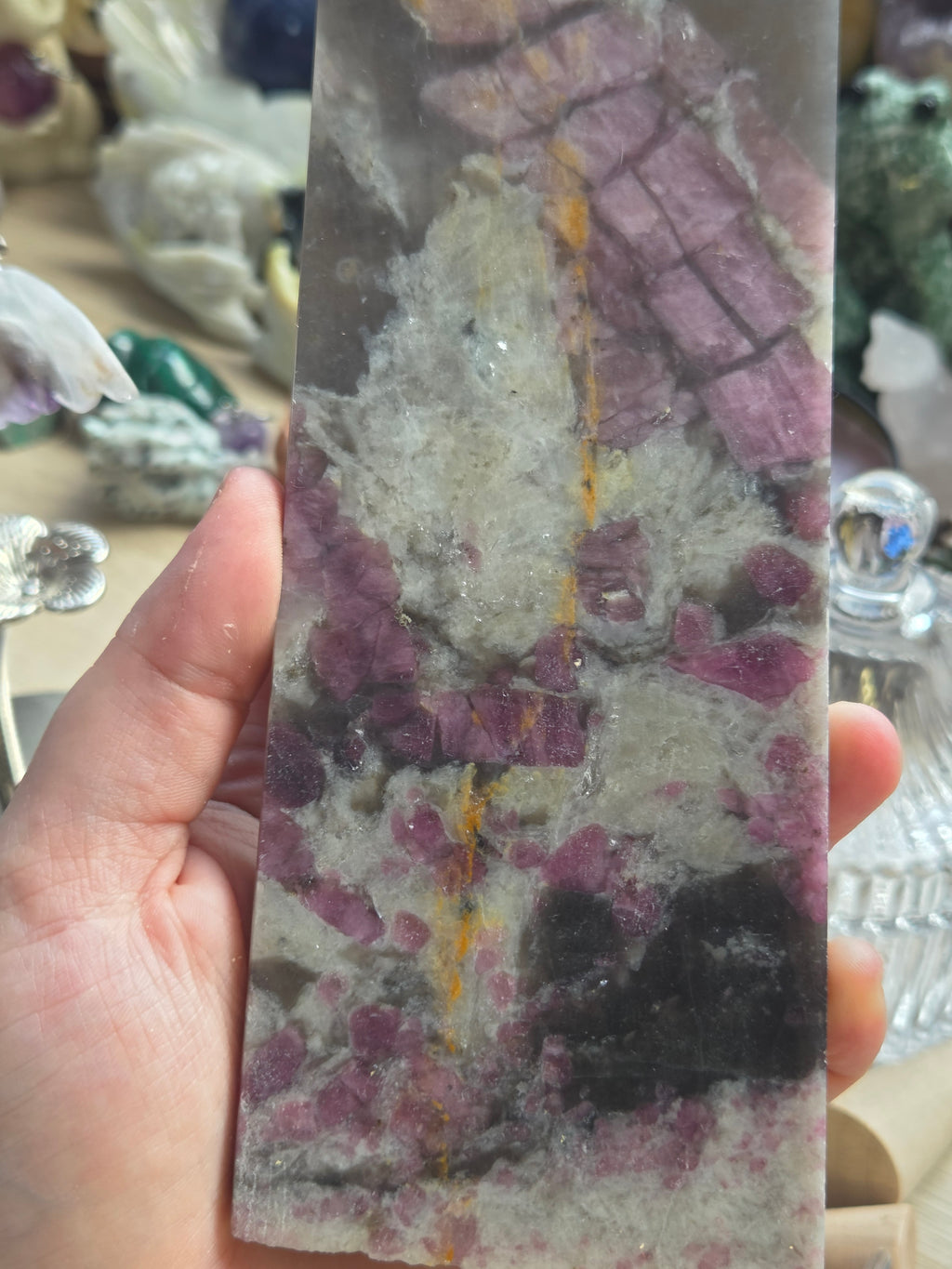 Large Pink Tourmaline crystal slice with silver stand
