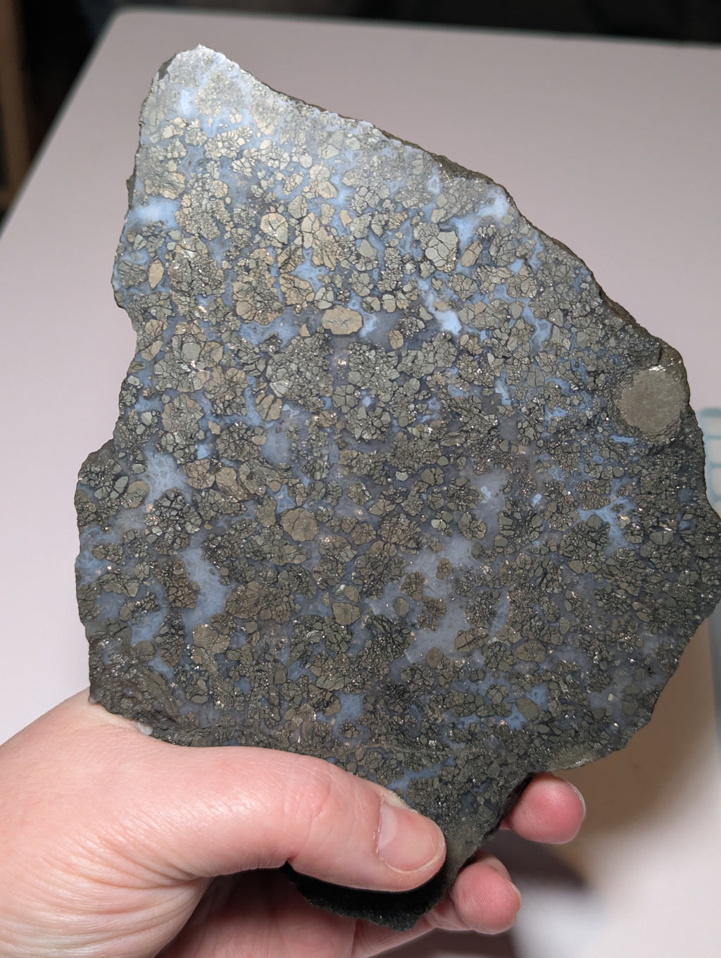 Pyrite with agate crystal slice with stand