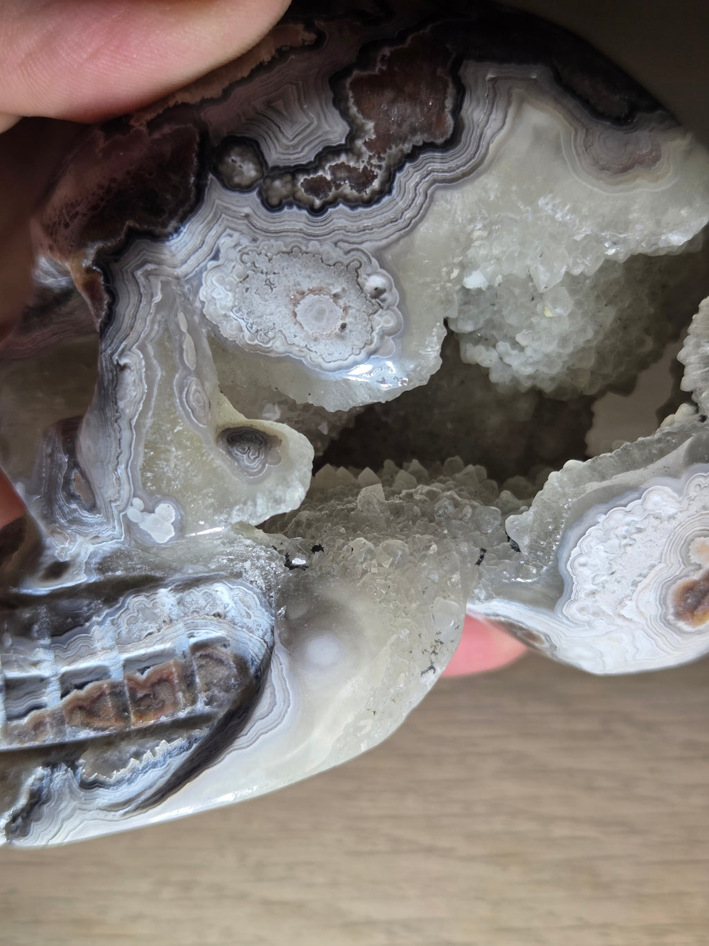 Mexican crazy agate crystal Skull  with open Duzy carving