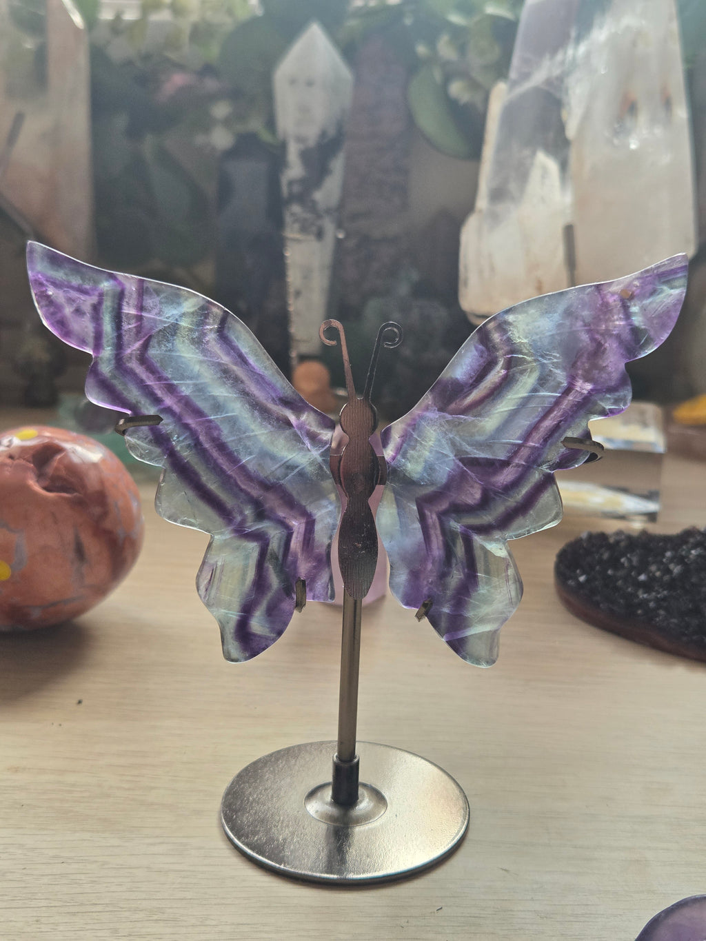 Rainbow flourite crystal butterfly carving