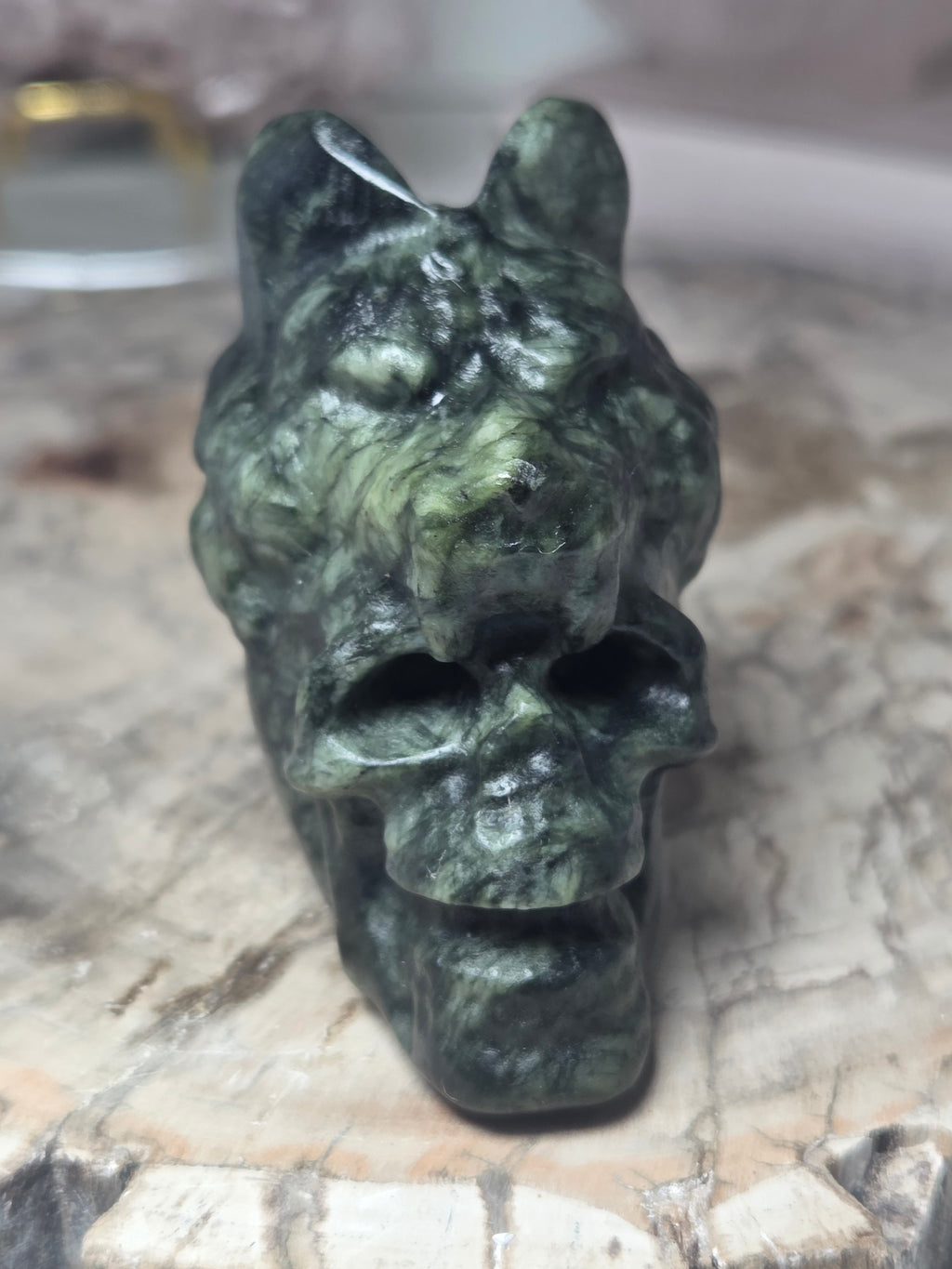 Green jade crystal wolf head skull
