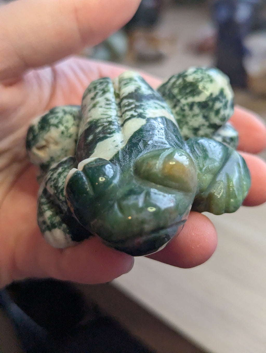 Large Moss Agate crystal frog carving