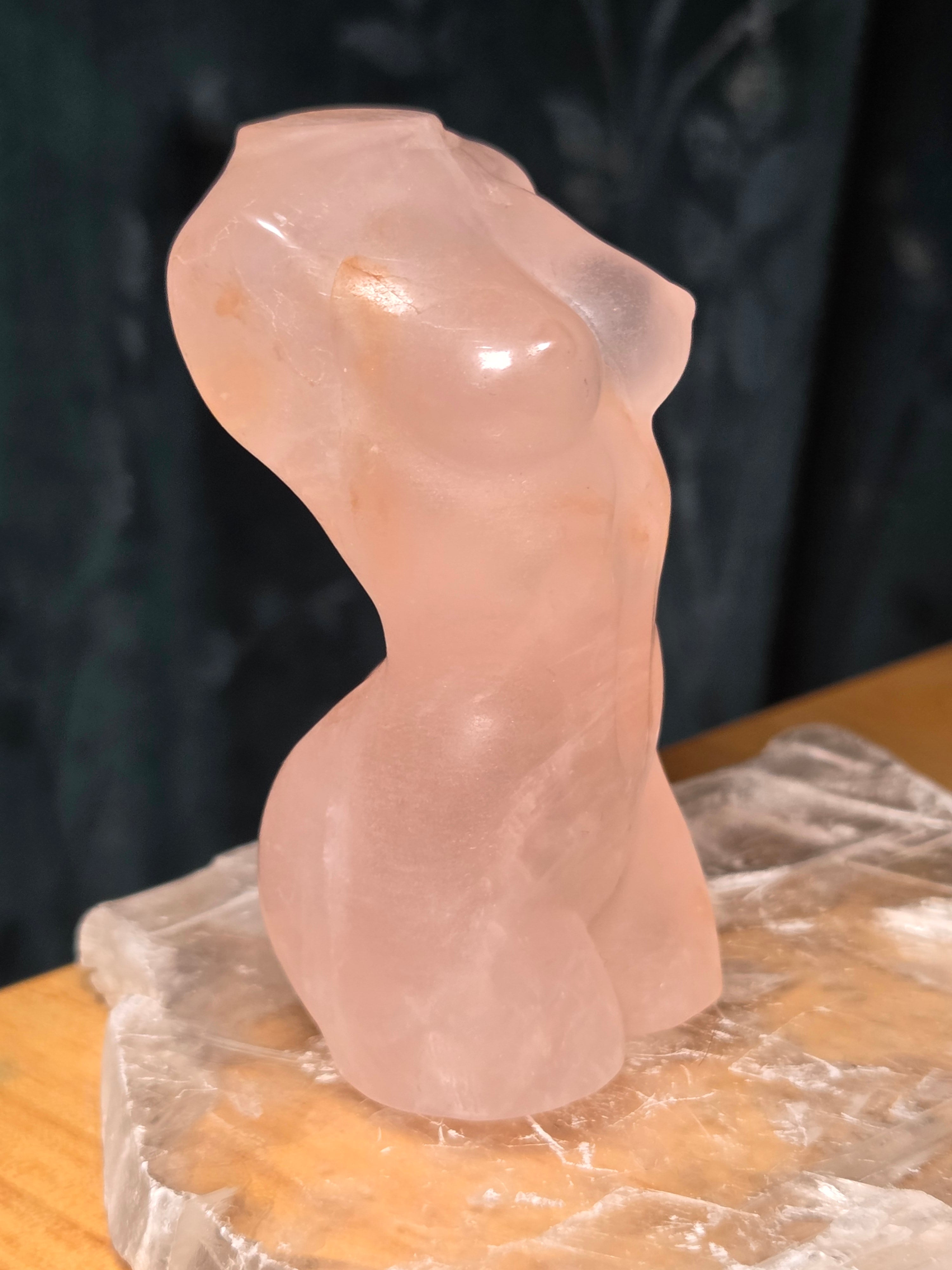 Rose quartz crystal female body carving with golden healer