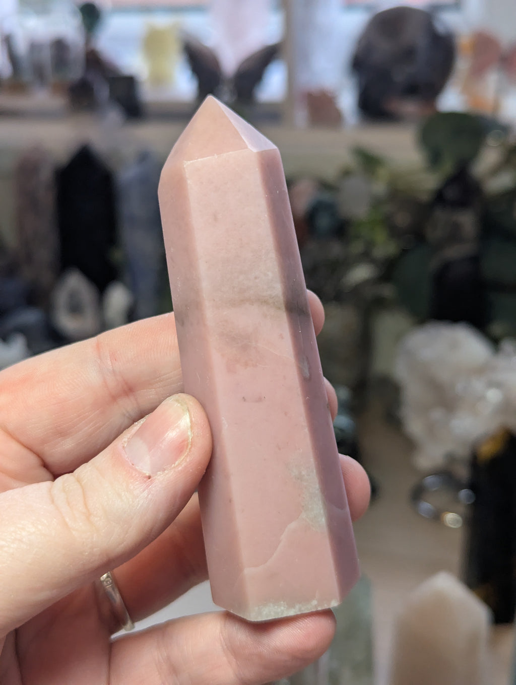Pink opal crystal tower carving