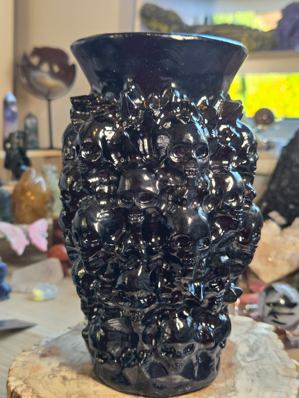 Hand-Carved Black Onyx Skull Vase
