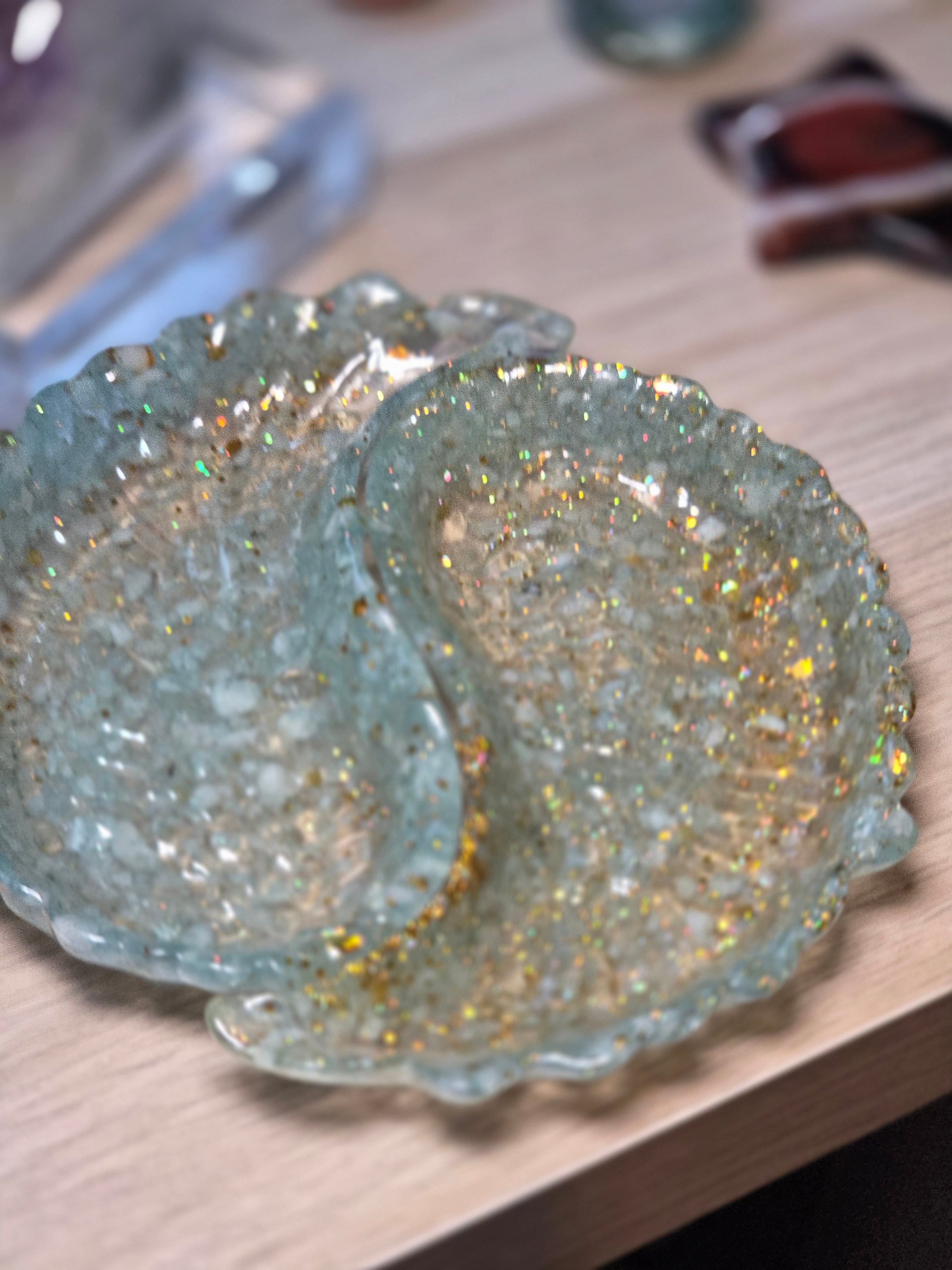 Aquamarine crystal  chips set in resin set of 2 bowls