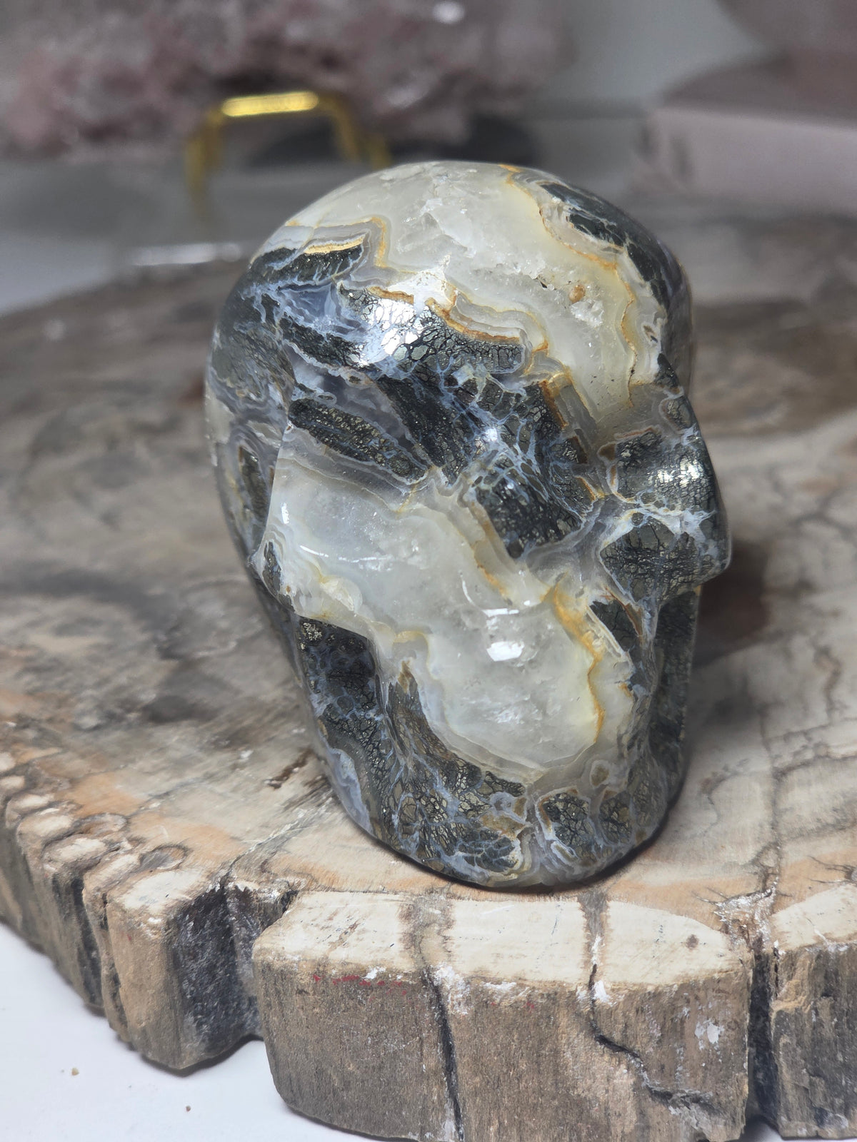 Pyrite agate crystal skull carving