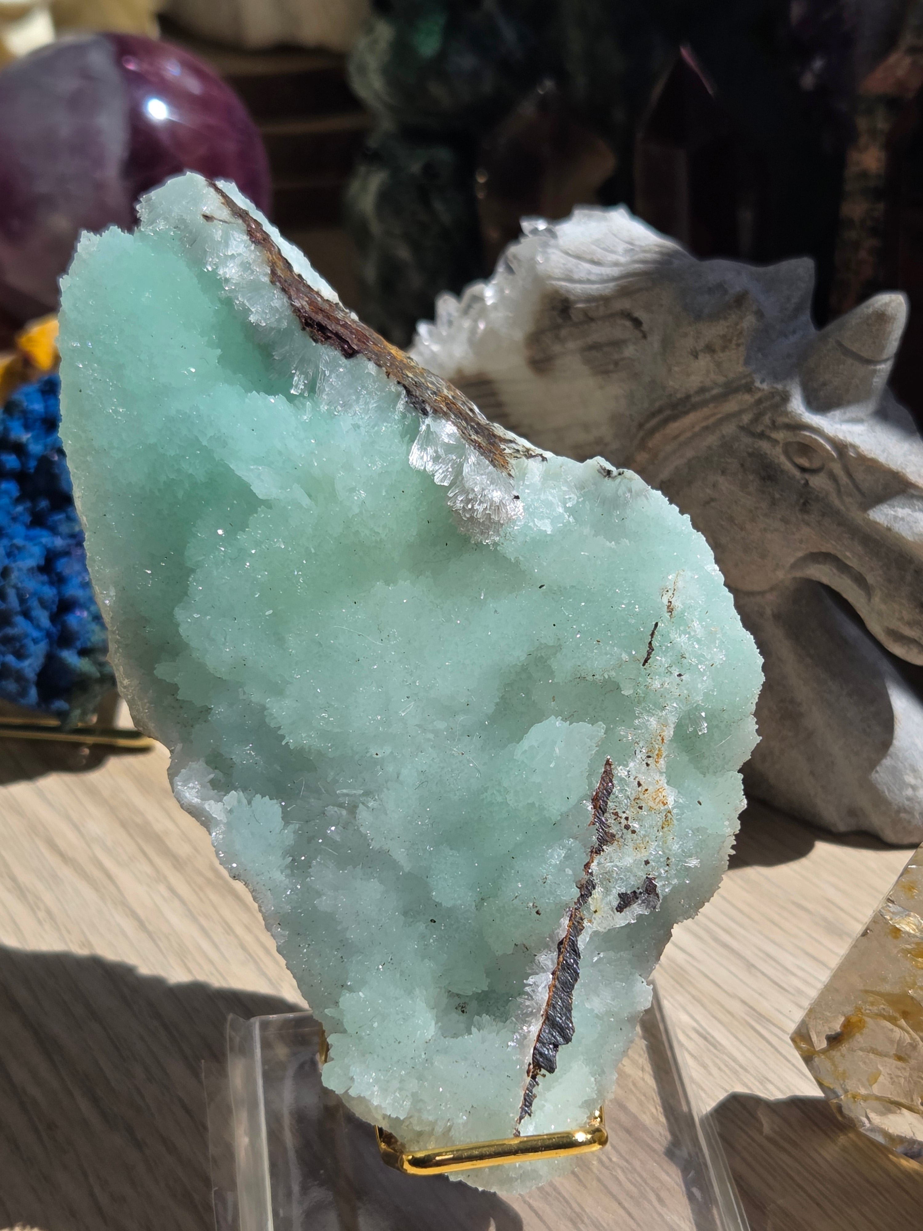 Blue aragonite mineral specimen raw with stand