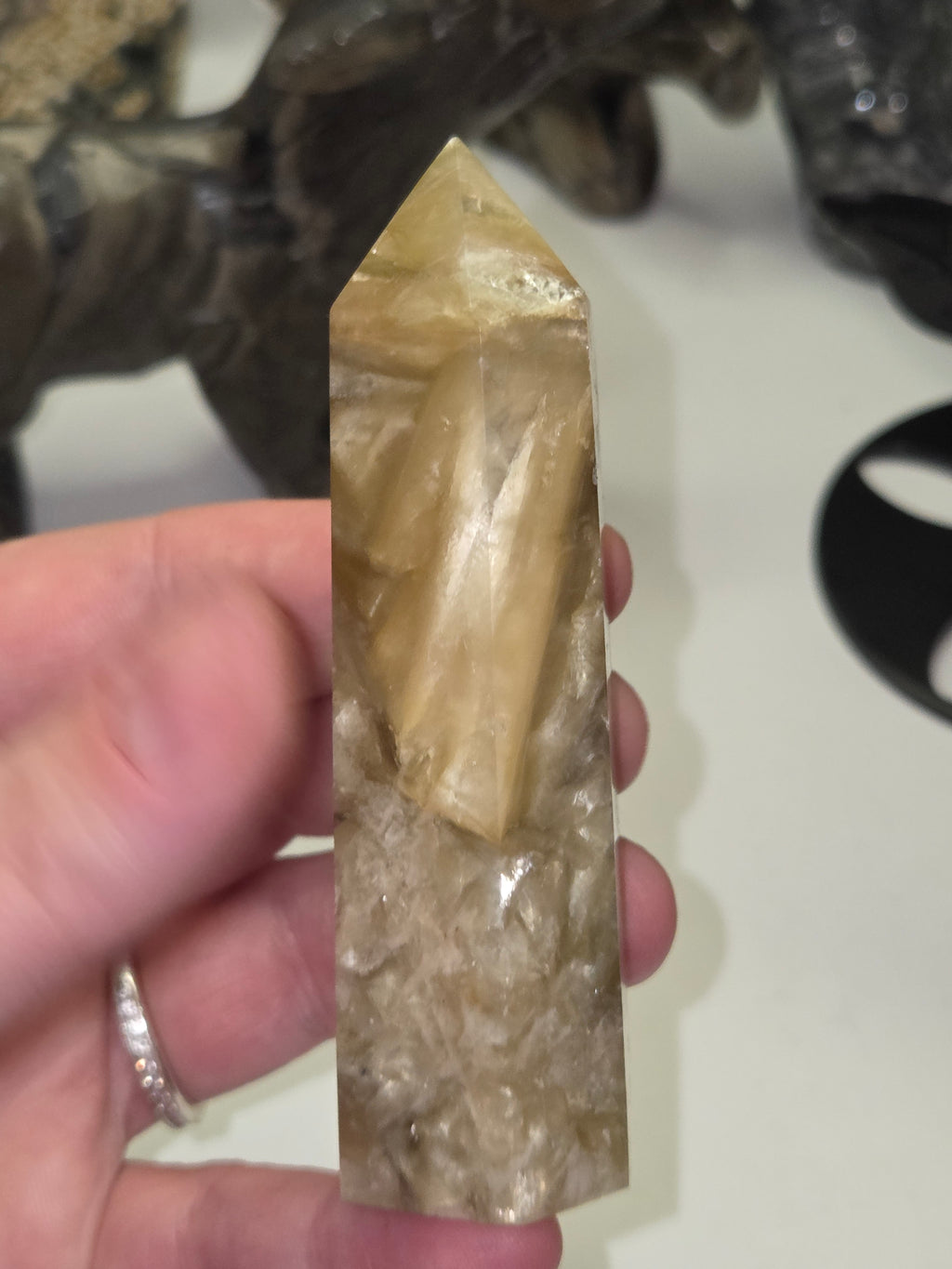 Golden Mica crystal tower carving