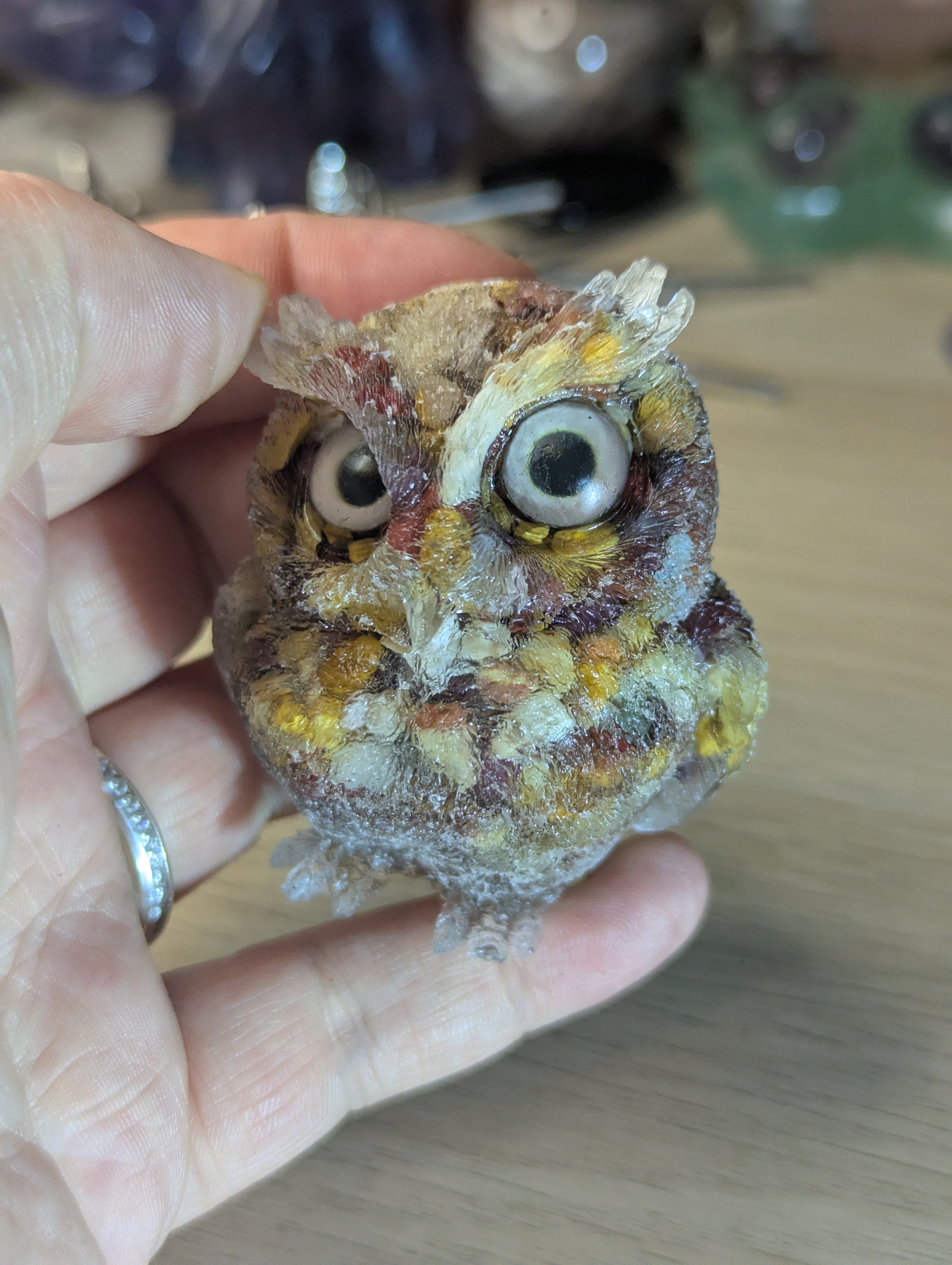 Mookaite crystal owl carving in Resin